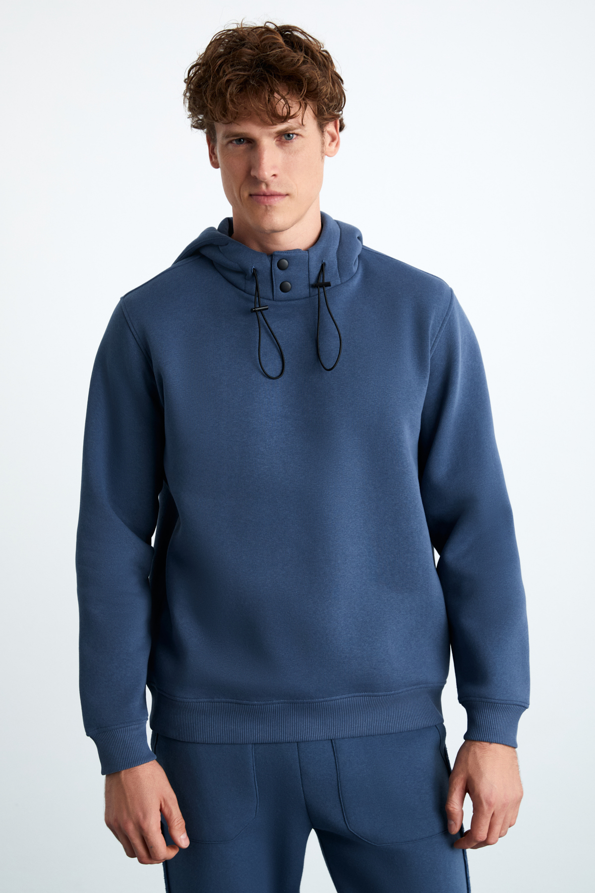 GRIMELANGE Erkek 3 İplik İçi Şardonlu Yumuşacık Çıt Çıt Yakalı Regular Kapüşonlu İNDİGO Sweatshirt