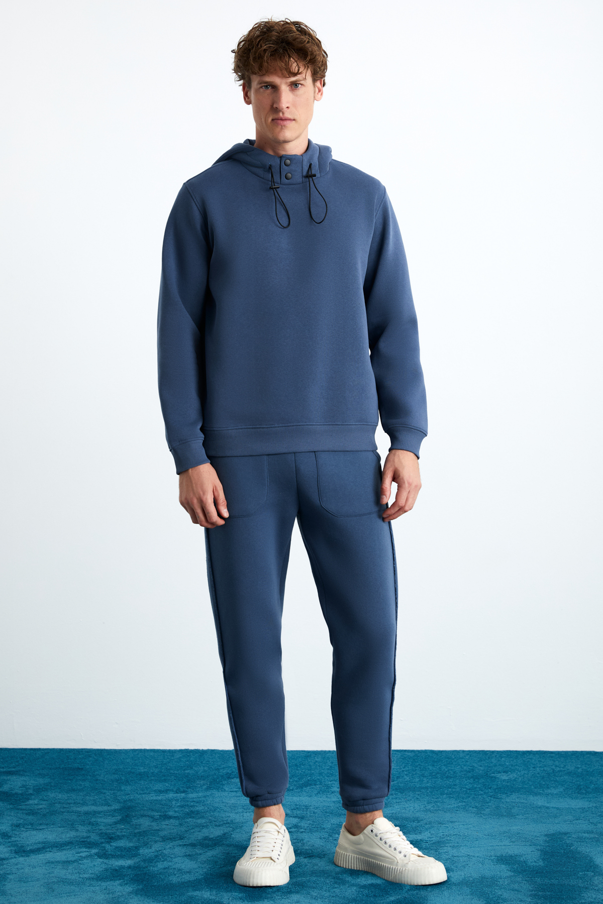 GRIMELANGE Erkek 3 İplik İçi Şardonlu Yumuşacık Çıt Çıt Yakalı Regular Kapüşonlu İNDİGO Sweatshirt görsel 2