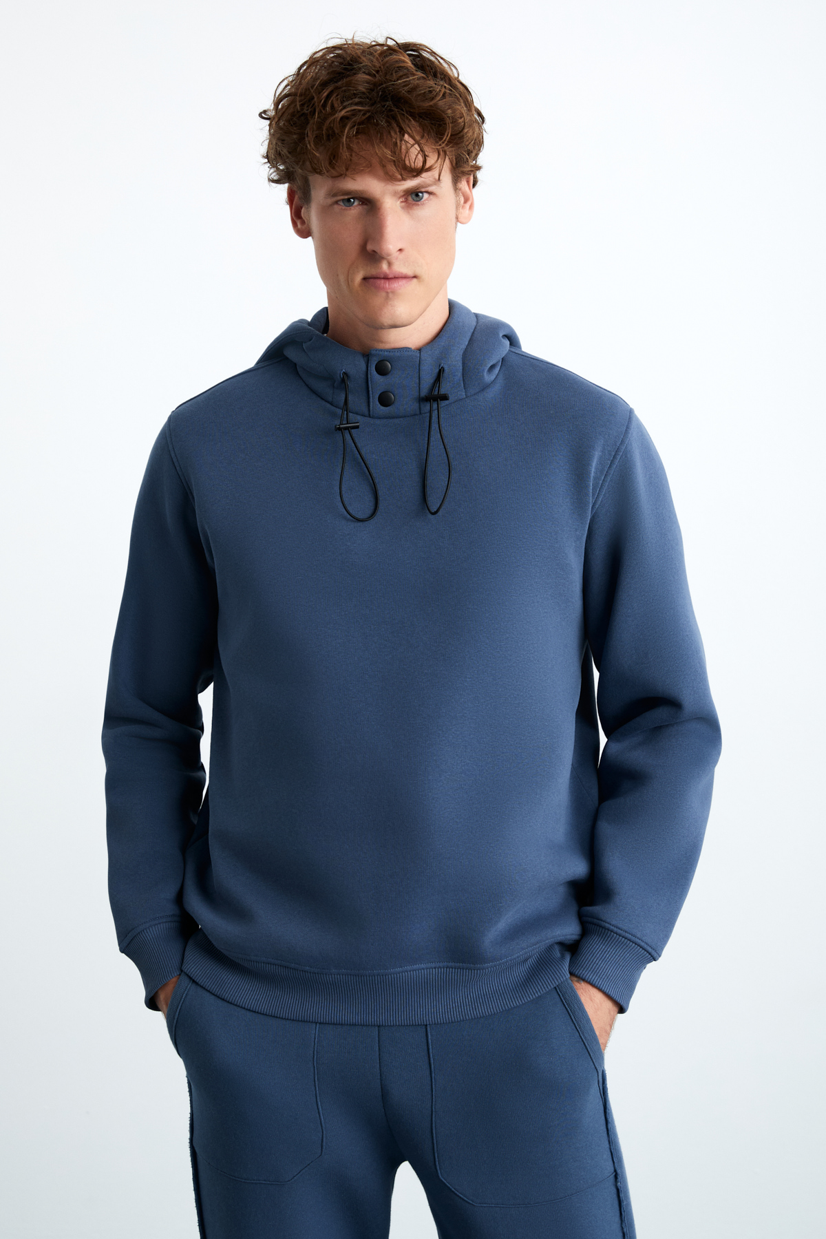GRIMELANGE Erkek 3 İplik İçi Şardonlu Yumuşacık Çıt Çıt Yakalı Regular Kapüşonlu İNDİGO Sweatshirt görsel 3