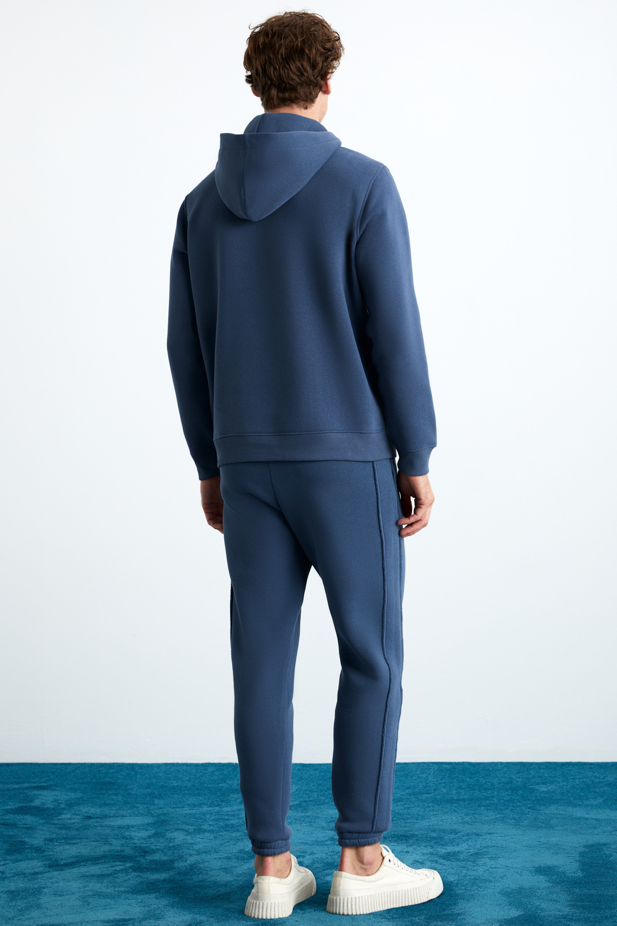 GRIMELANGE Erkek 3 İplik İçi Şardonlu Yumuşacık Çıt Çıt Yakalı Regular Kapüşonlu İNDİGO Sweatshirt görsel 5