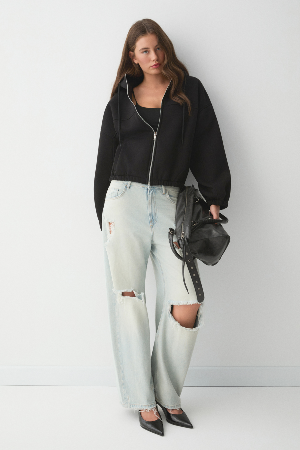 ETHIQUET VALIT Kadın Çift Cepli Eteği Ve Kol Ucu Lastikli Fermuarlı Oversize SİYAH Sweatshirt görsel 2
