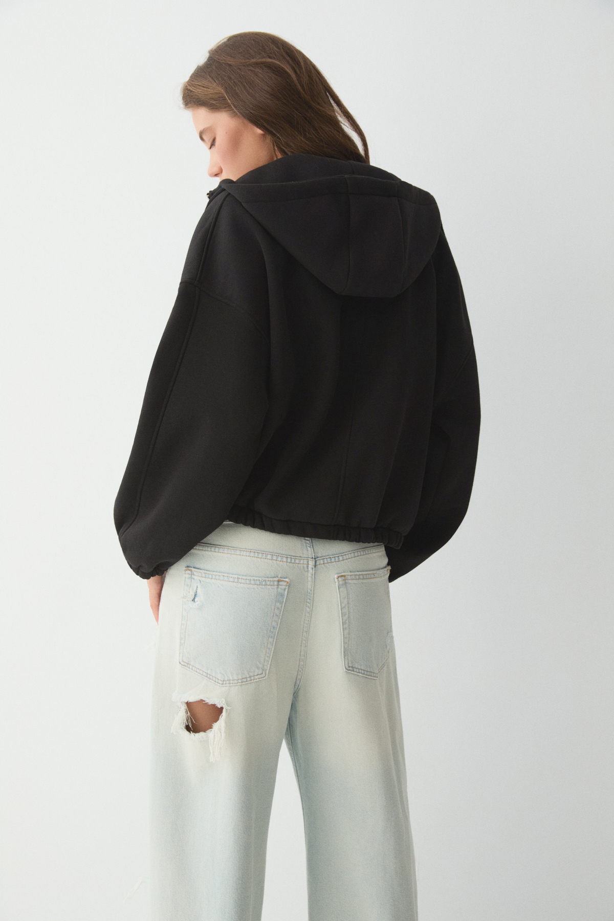 ETHIQUET VALIT Kadın Çift Cepli Eteği Ve Kol Ucu Lastikli Fermuarlı Oversize SİYAH Sweatshirt görsel 3