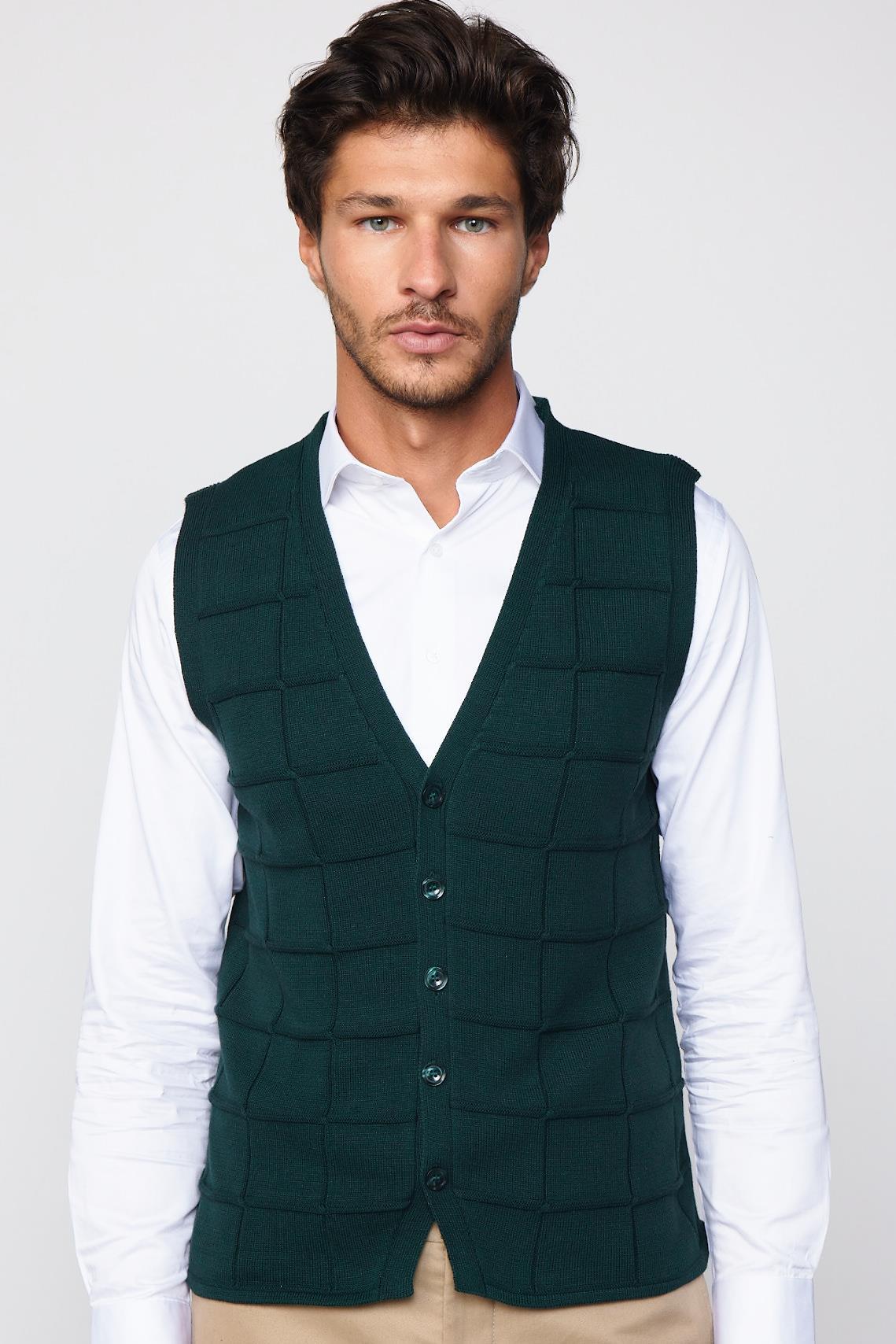 TUDORS Slim Fit Kare Desenli Yeşil Erkek Yelek görsel 2