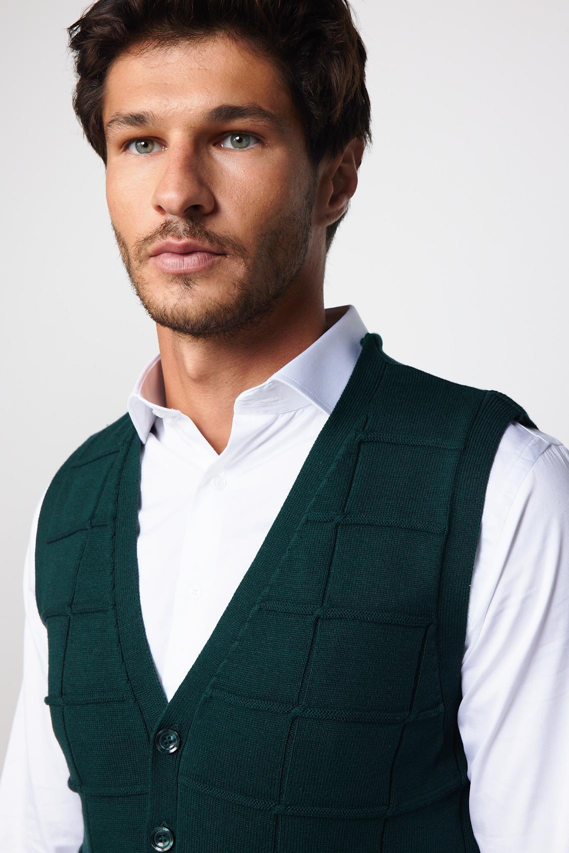 TUDORS Slim Fit Kare Desenli Yeşil Erkek Yelek görsel 3