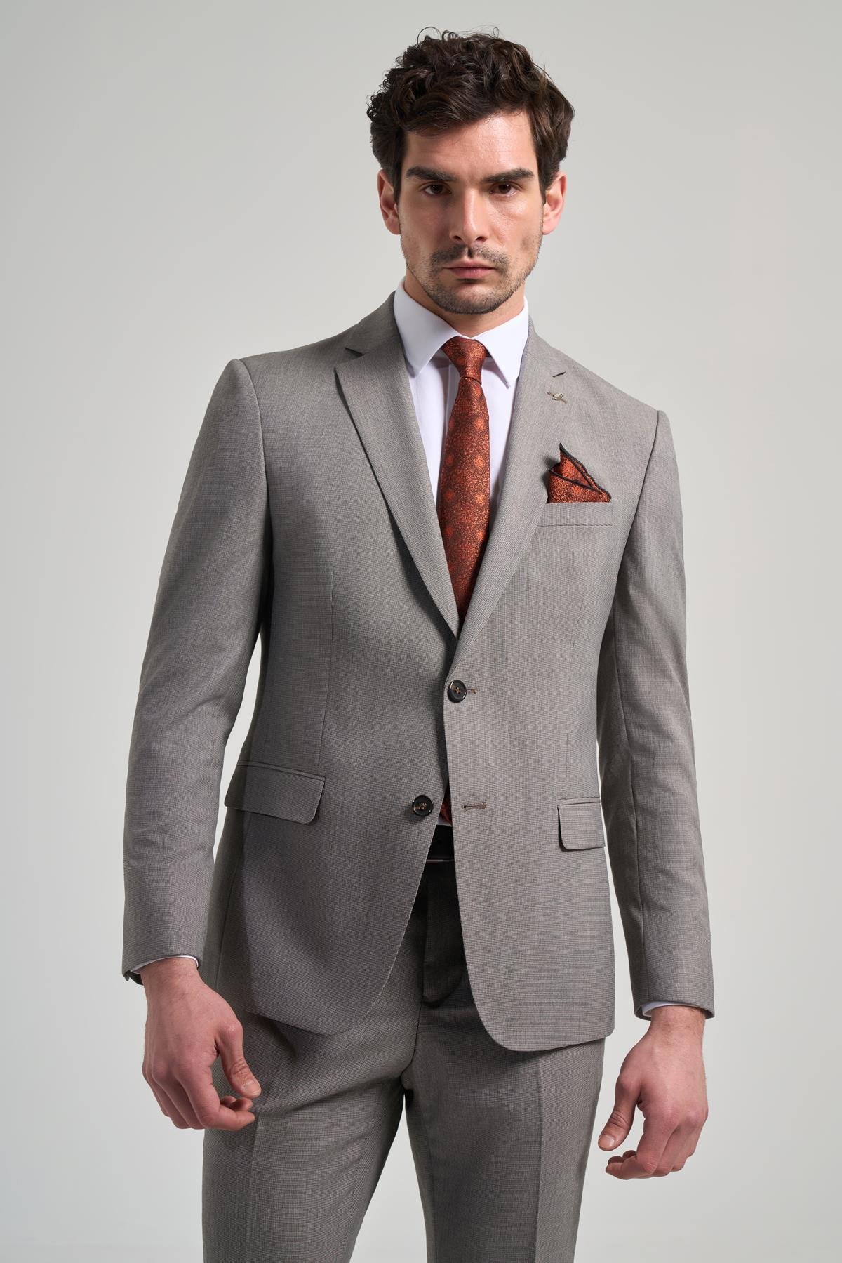 İMZA Kendinden Desenli Bez Ayağı Mono Yaka Tam Astar Esnek 6 Drop Slim Fit Takım Elbise 1001250168 görsel 3