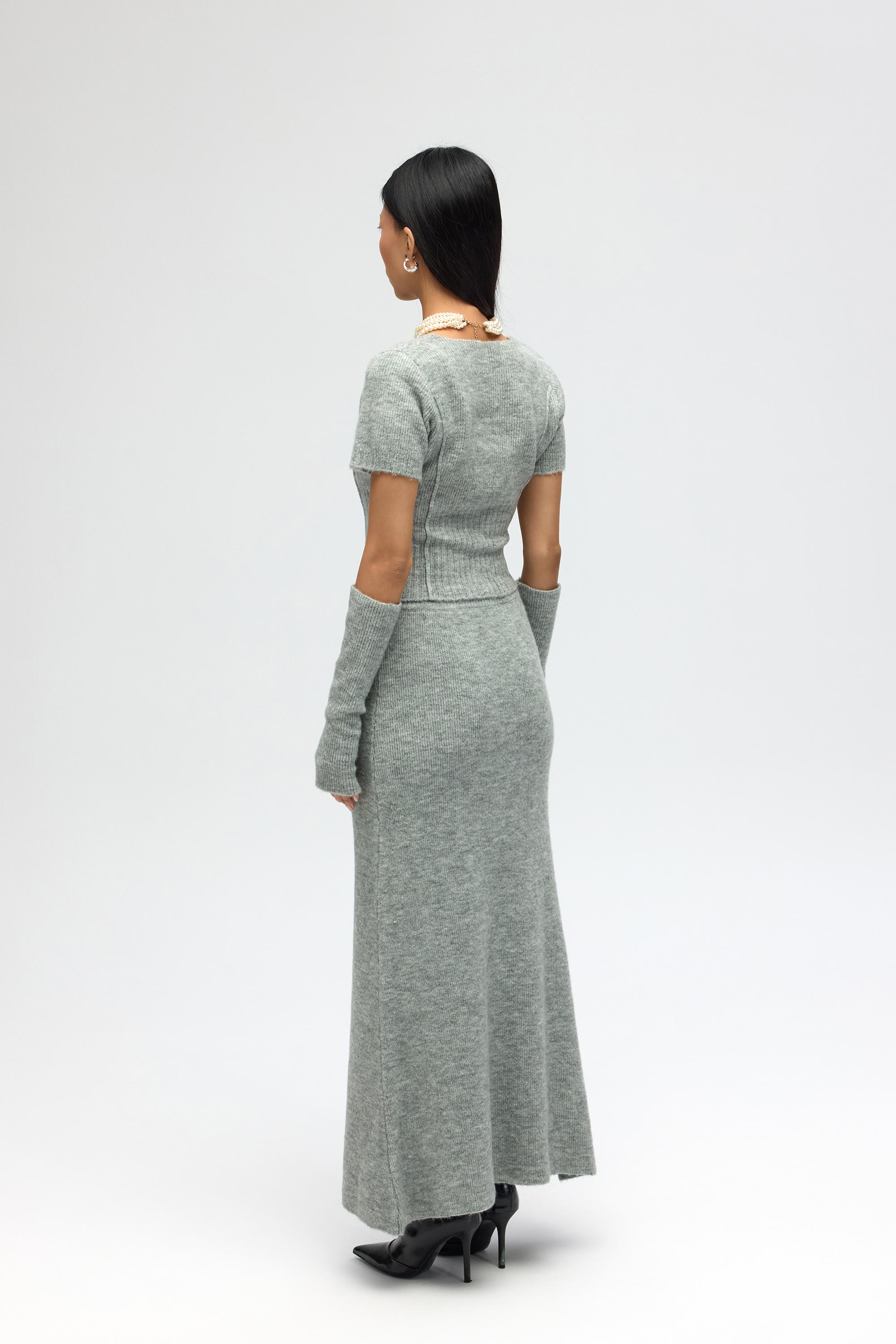 Mai Collection Lumi Gül Detay Gri Crop Etek Triko Takım görsel 4