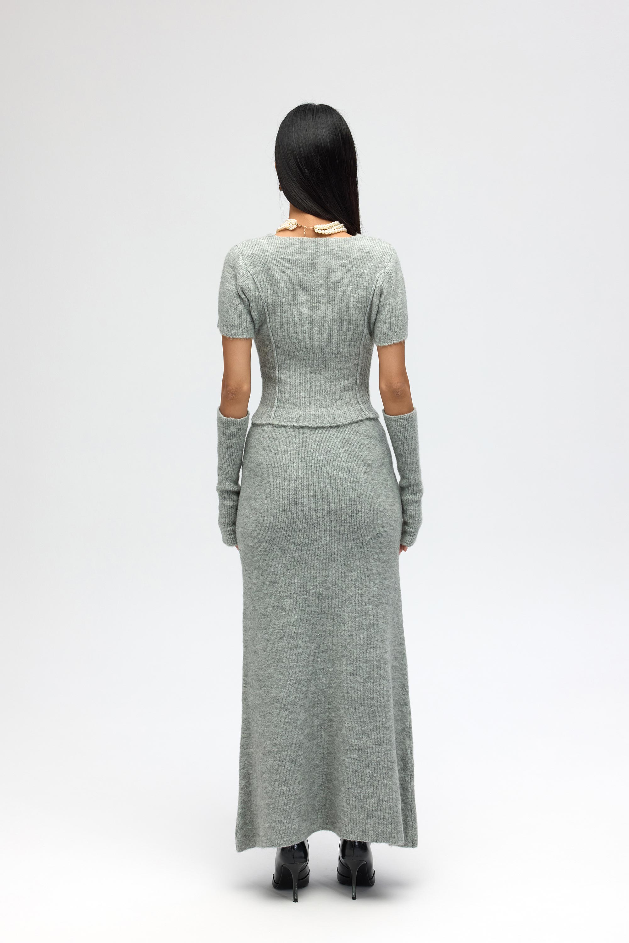 Mai Collection Lumi Gül Detay Gri Crop Etek Triko Takım görsel 5