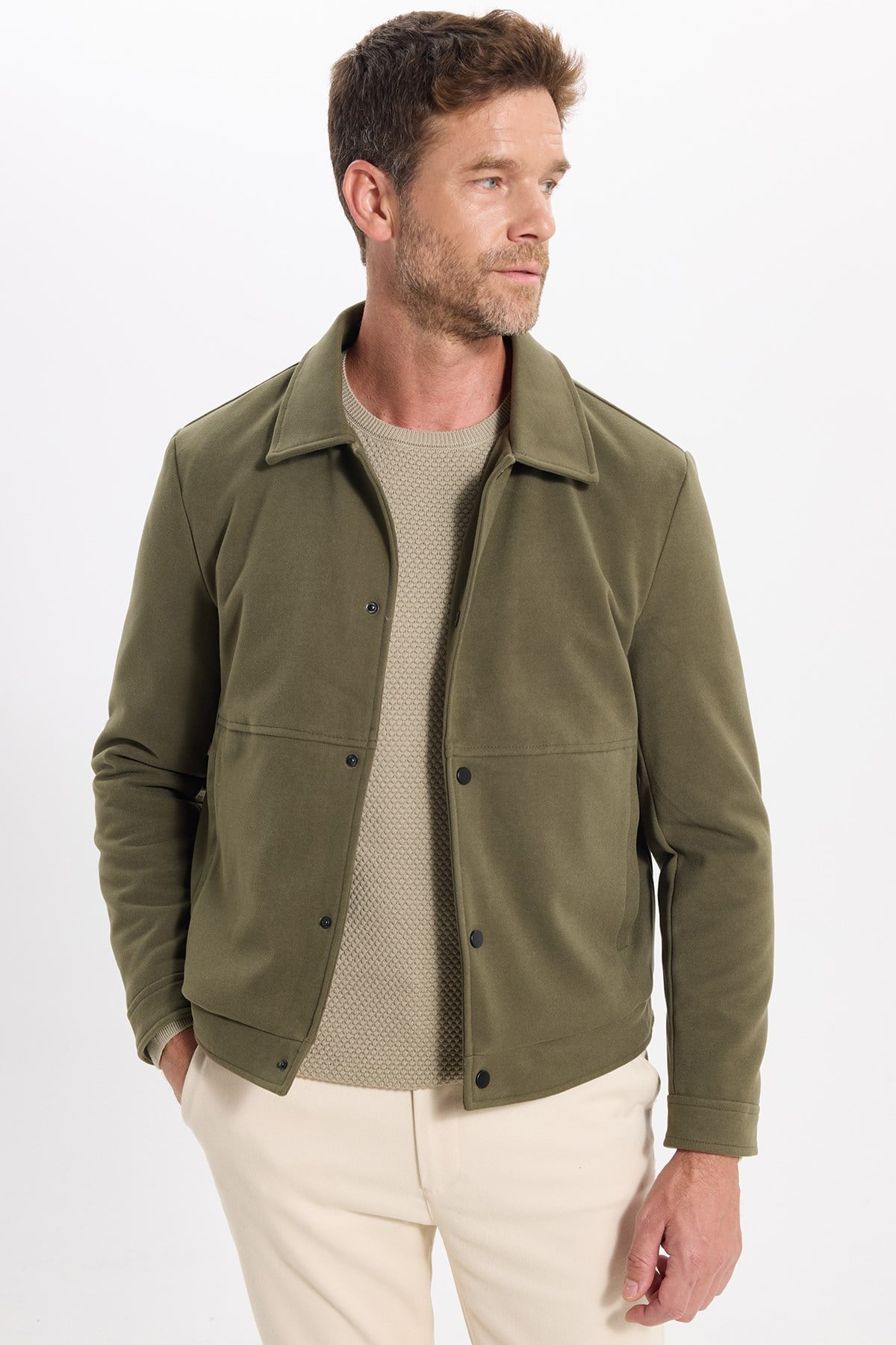 TUDORS Erkek Slim Fit Dar Kesim Çift Cepli Çıtçıt Kapamalı Haki Mont