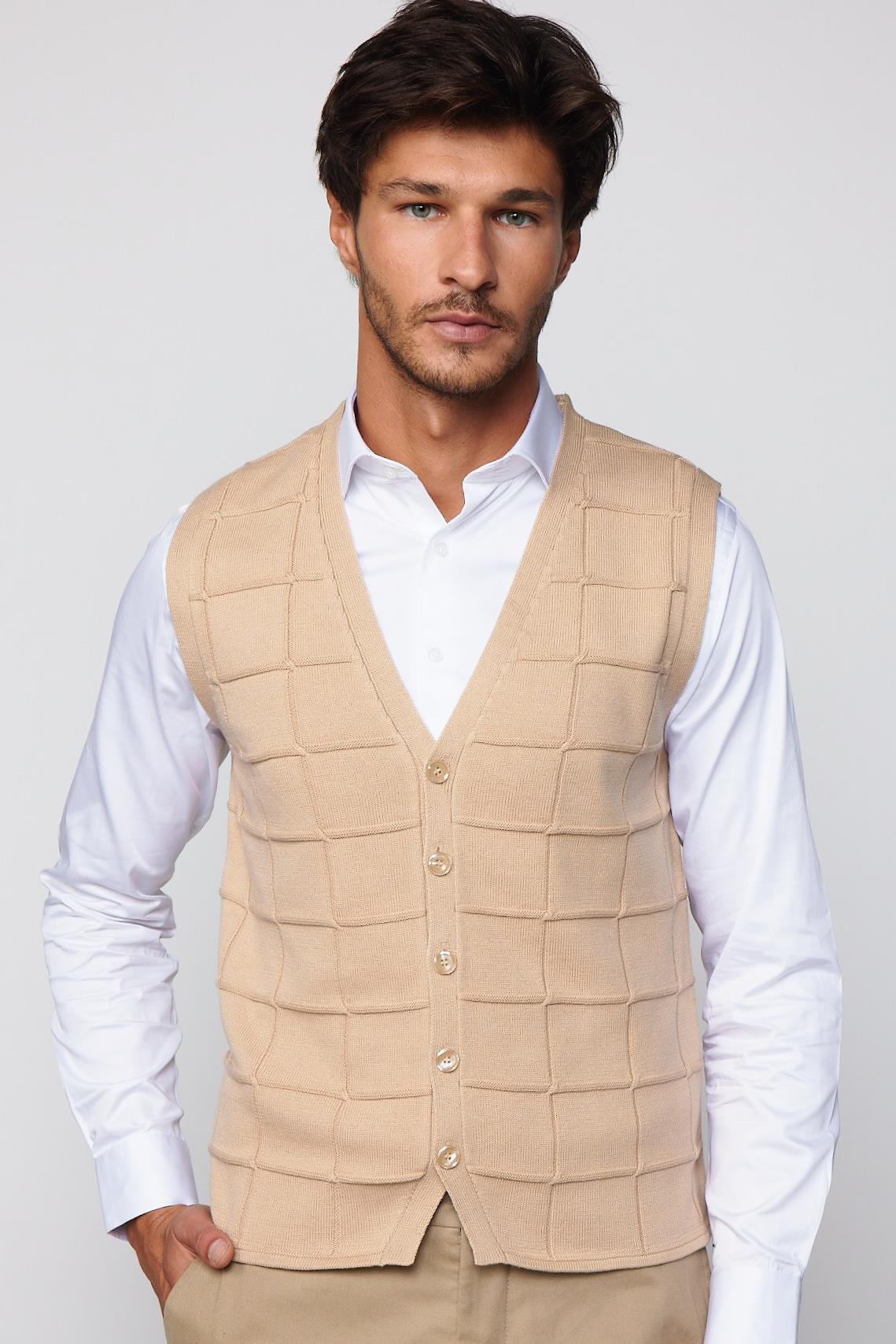 TUDORS Slim Fit Kare Desenli Taş Rengi Erkek Yelek