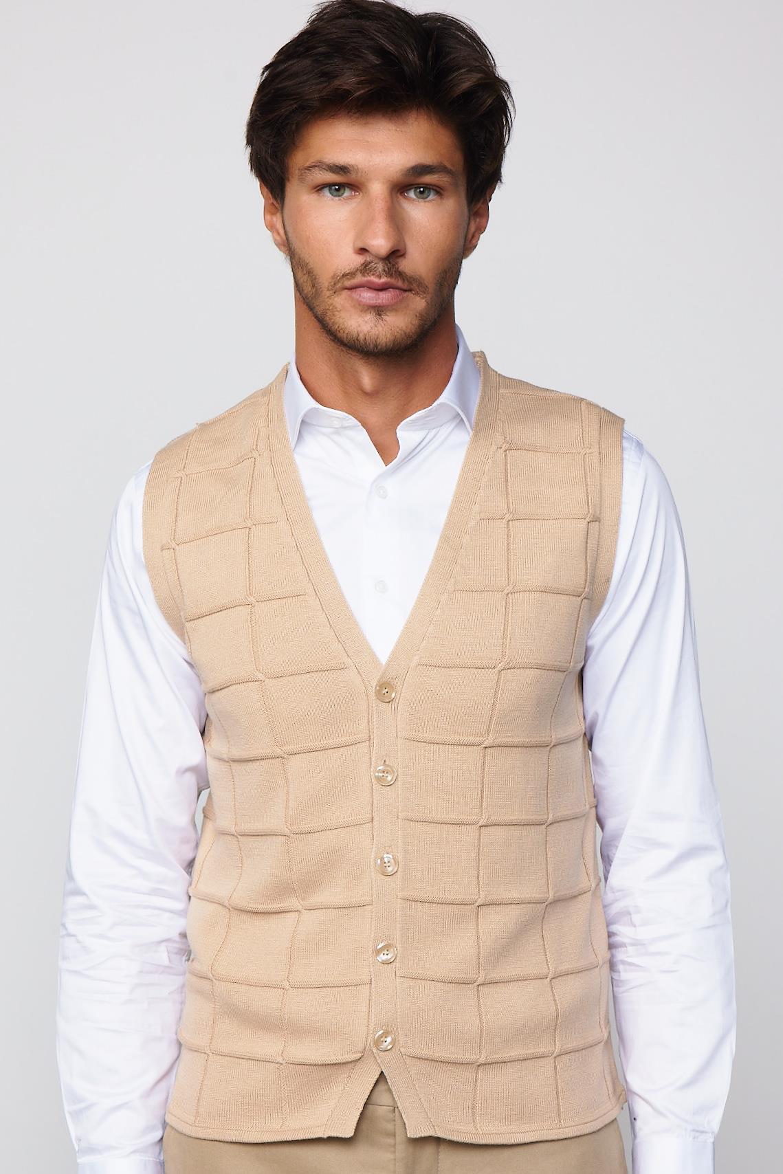 TUDORS Slim Fit Kare Desenli Taş Rengi Erkek Yelek görsel 2
