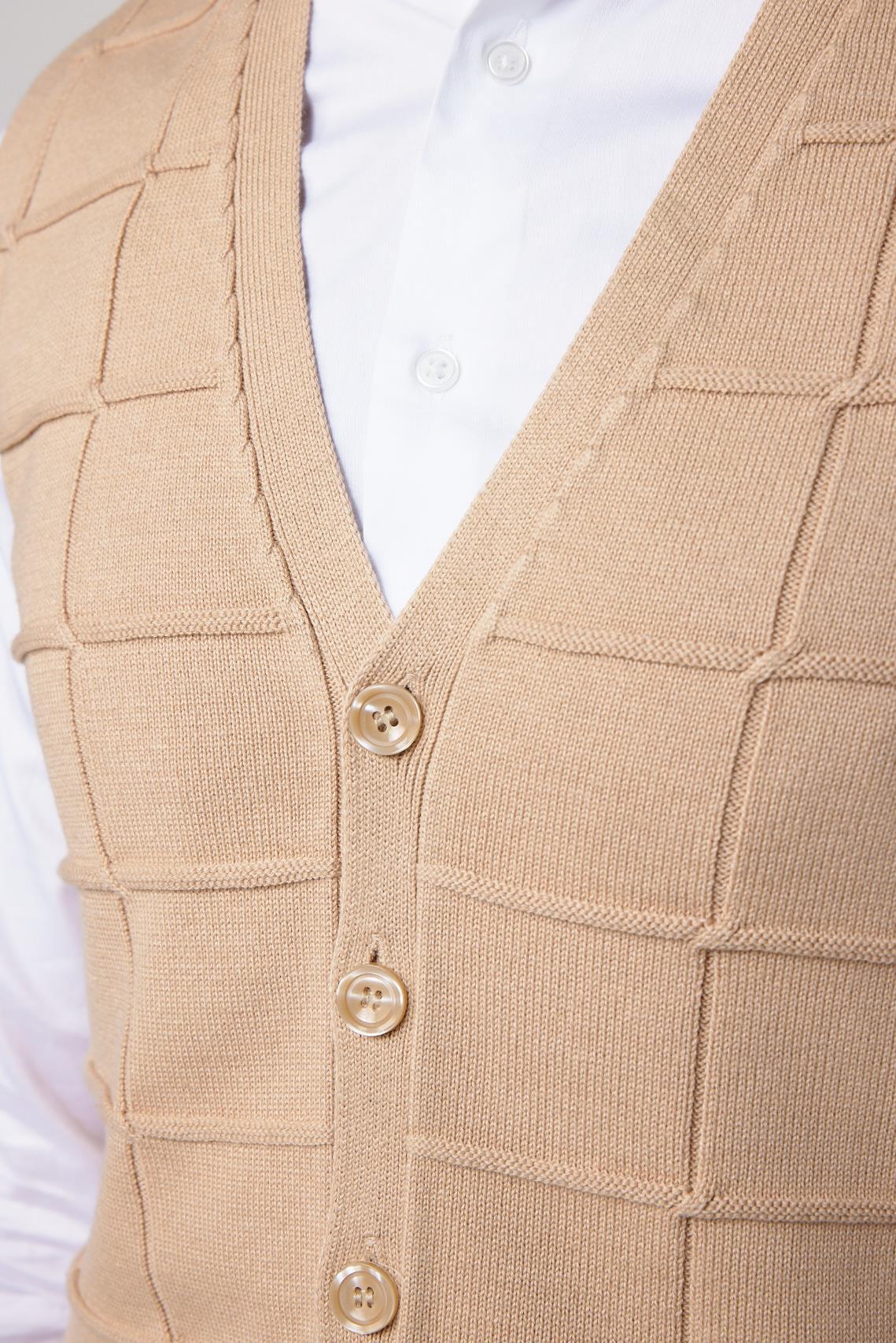 TUDORS Slim Fit Kare Desenli Taş Rengi Erkek Yelek görsel 4