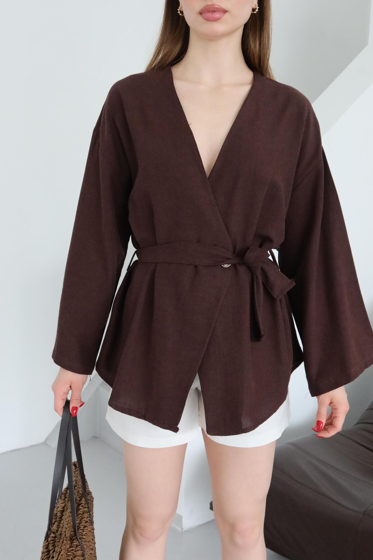 Laluvia Kahverengi Düğme Detaylı Kemerli Kimono - 005 görsel 2