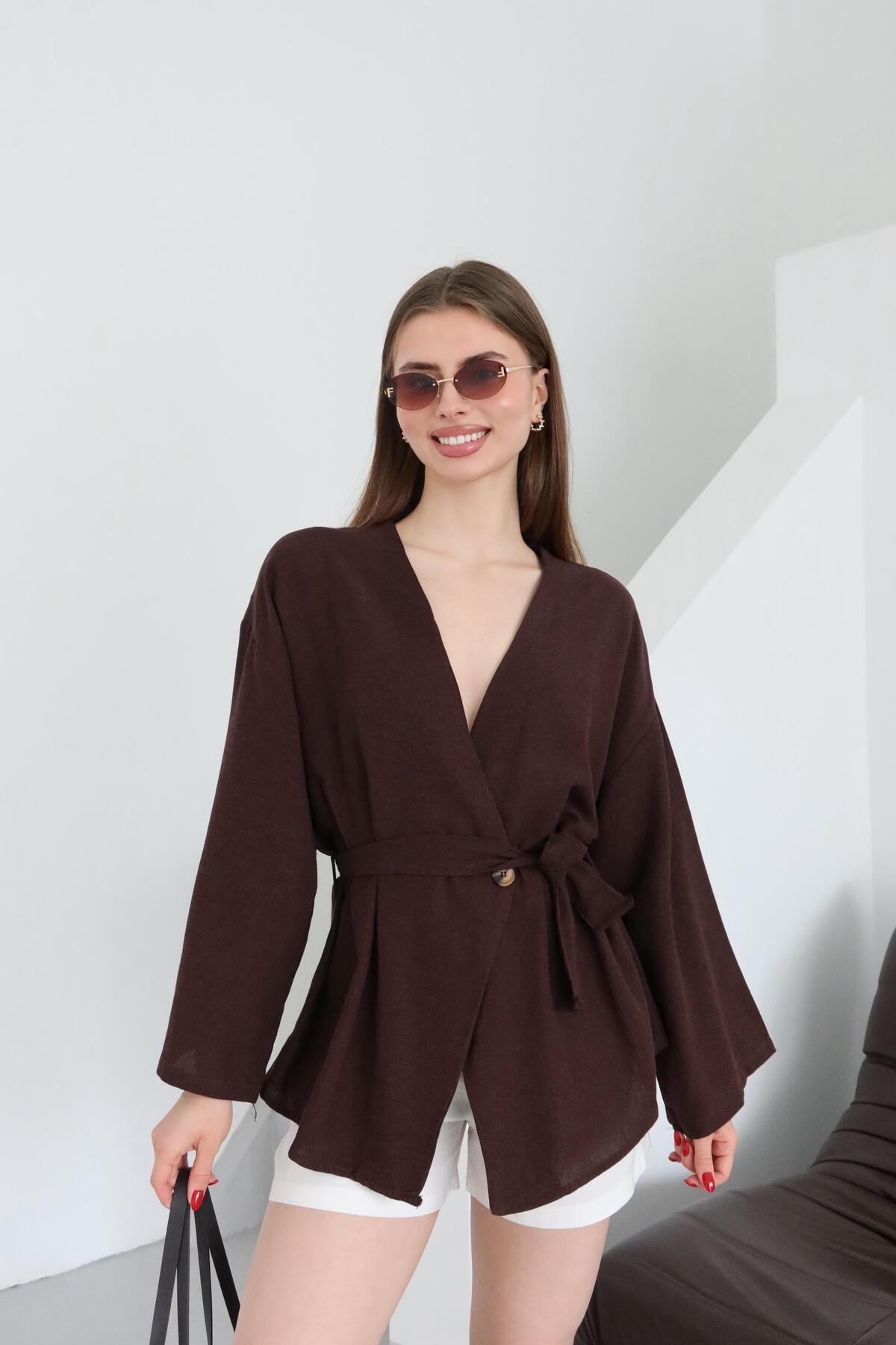 Laluvia Kahverengi Düğme Detaylı Kemerli Kimono - 005 görsel 4
