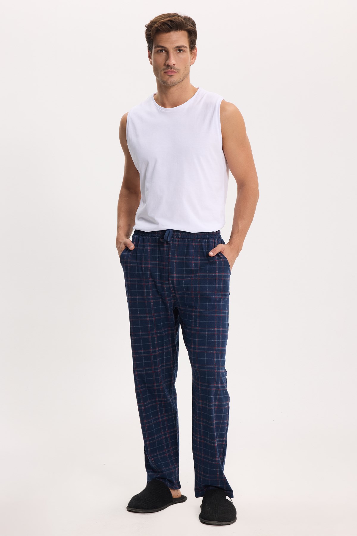 TUDORS Erkek Standart Fit Normal Kesim Pamuklu Kareli Beli Bağcıklı Cepli Lacivert Pijama Altı