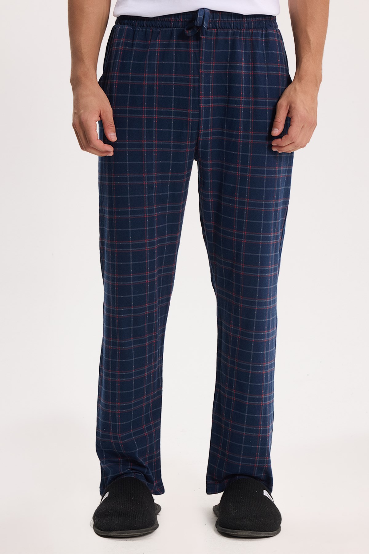 TUDORS Erkek Standart Fit Normal Kesim Pamuklu Kareli Beli Bağcıklı Cepli Lacivert Pijama Altı görsel 2