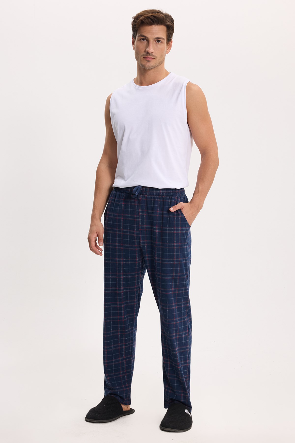 TUDORS Erkek Standart Fit Normal Kesim Pamuklu Kareli Beli Bağcıklı Cepli Lacivert Pijama Altı görsel 3