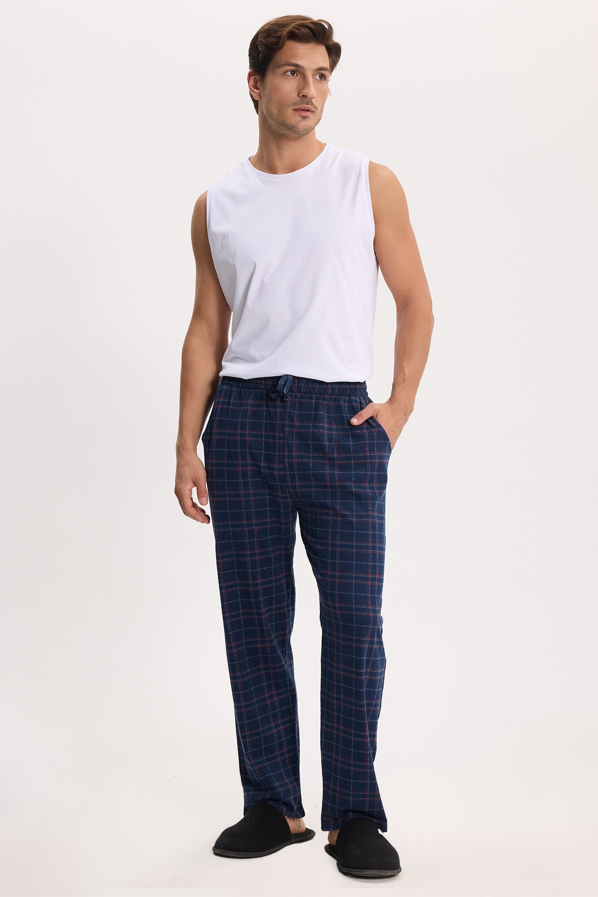 TUDORS Erkek Standart Fit Normal Kesim Pamuklu Kareli Beli Bağcıklı Cepli Lacivert Pijama Altı görsel 7