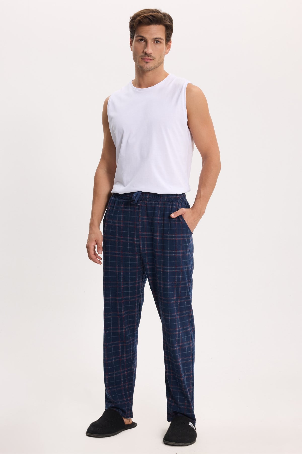 TUDORS Erkek Standart Fit Normal Kesim Pamuklu Kareli Beli Bağcıklı Cepli Lacivert Pijama Altı görsel 8
