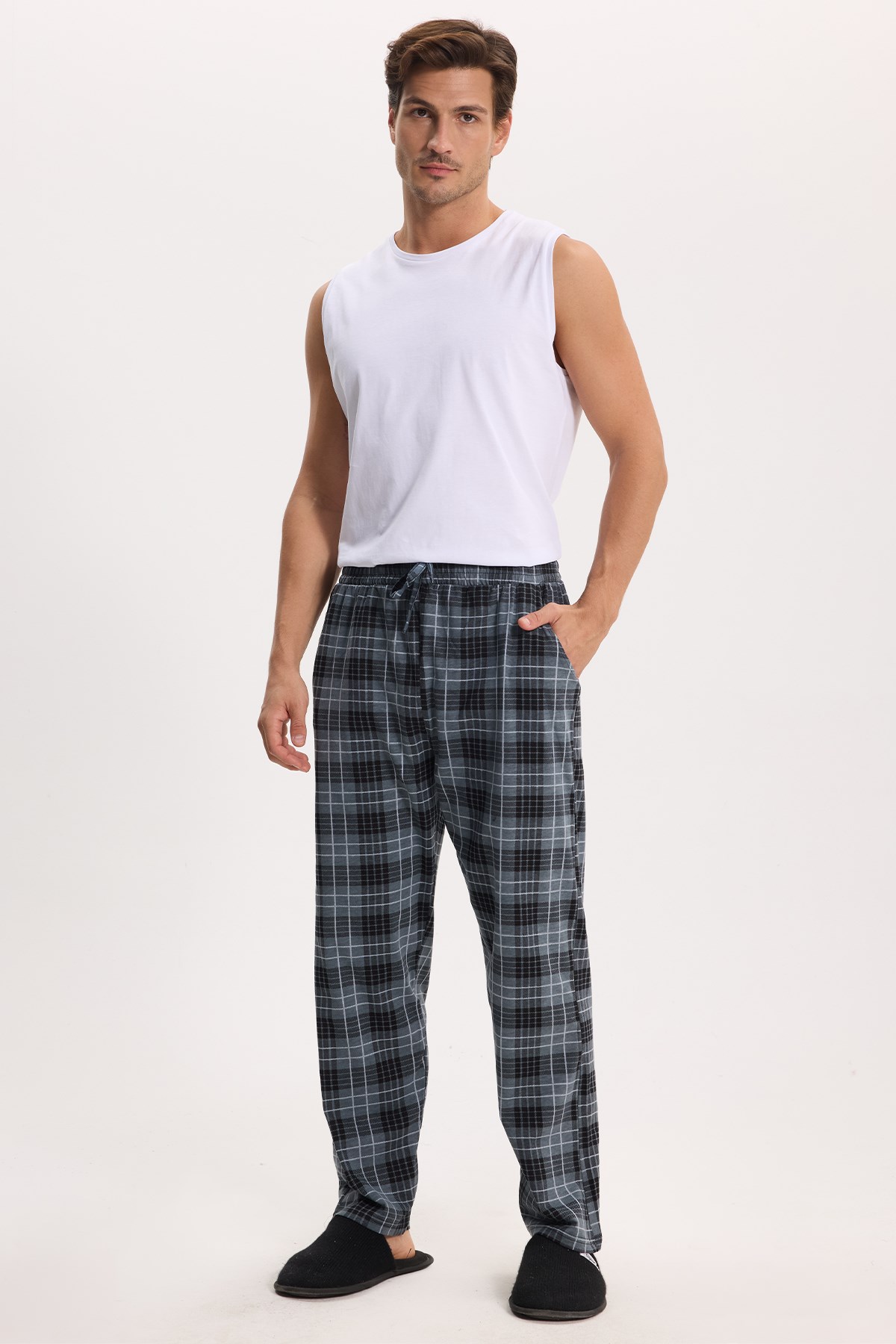 TUDORS Erkek Standart Fit Normal Kesim Pamuklu Kareli Beli Bağcıklı Cepli Gri Pijama Altı