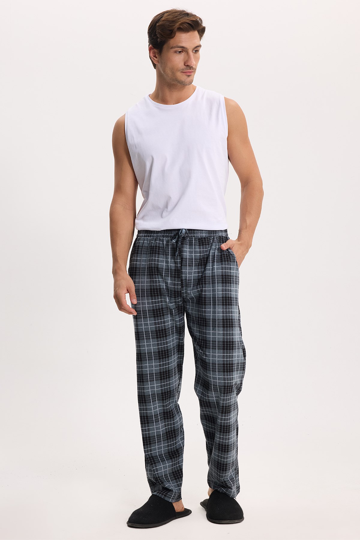 TUDORS Erkek Standart Fit Normal Kesim Pamuklu Kareli Beli Bağcıklı Cepli Gri Pijama Altı görsel 3