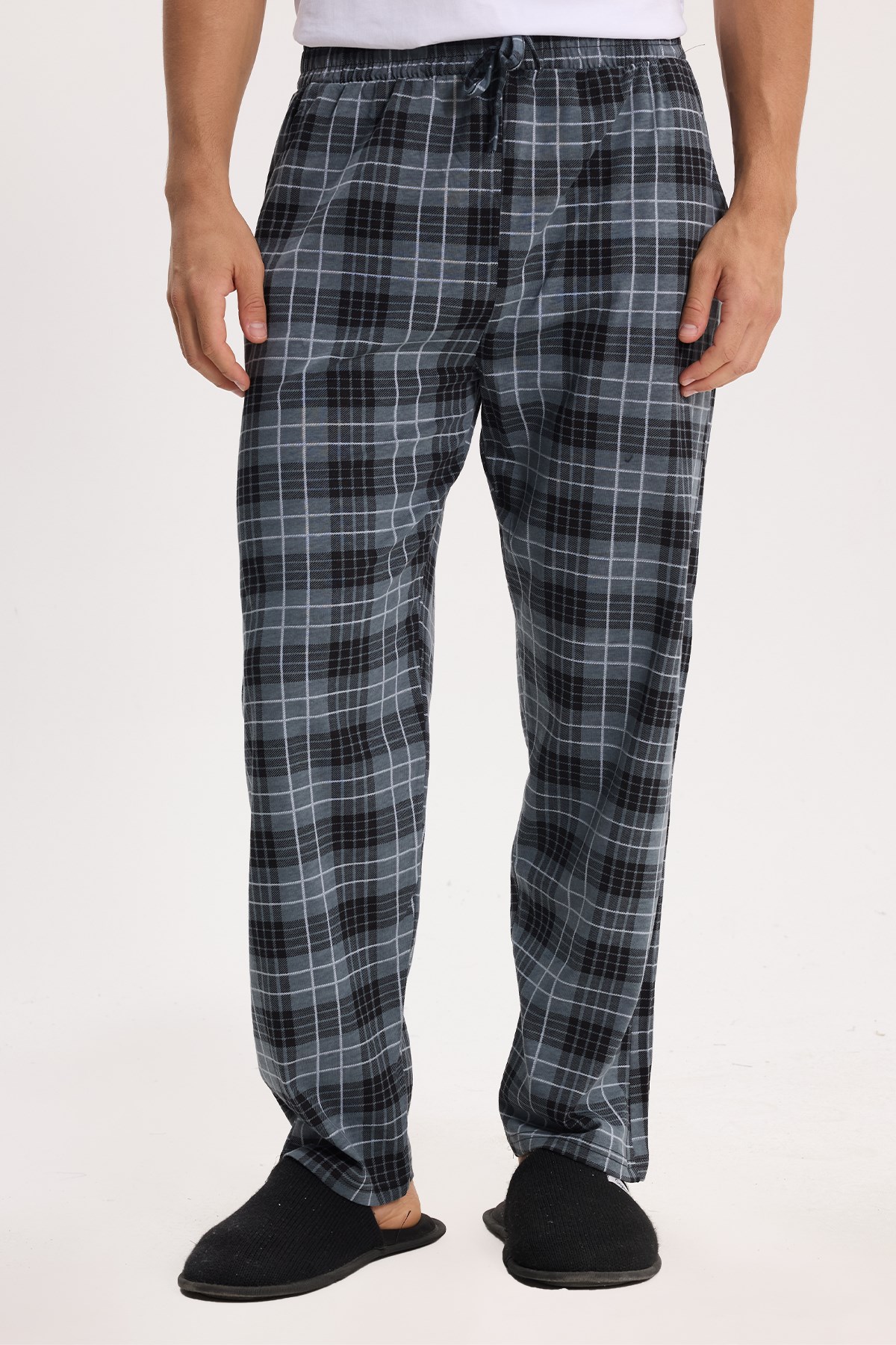 TUDORS Erkek Standart Fit Normal Kesim Pamuklu Kareli Beli Bağcıklı Cepli Gri Pijama Altı görsel 5