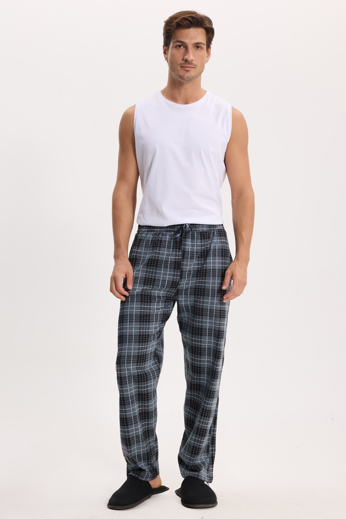 TUDORS Erkek Standart Fit Normal Kesim Pamuklu Kareli Beli Bağcıklı Cepli Gri Pijama Altı görsel 7
