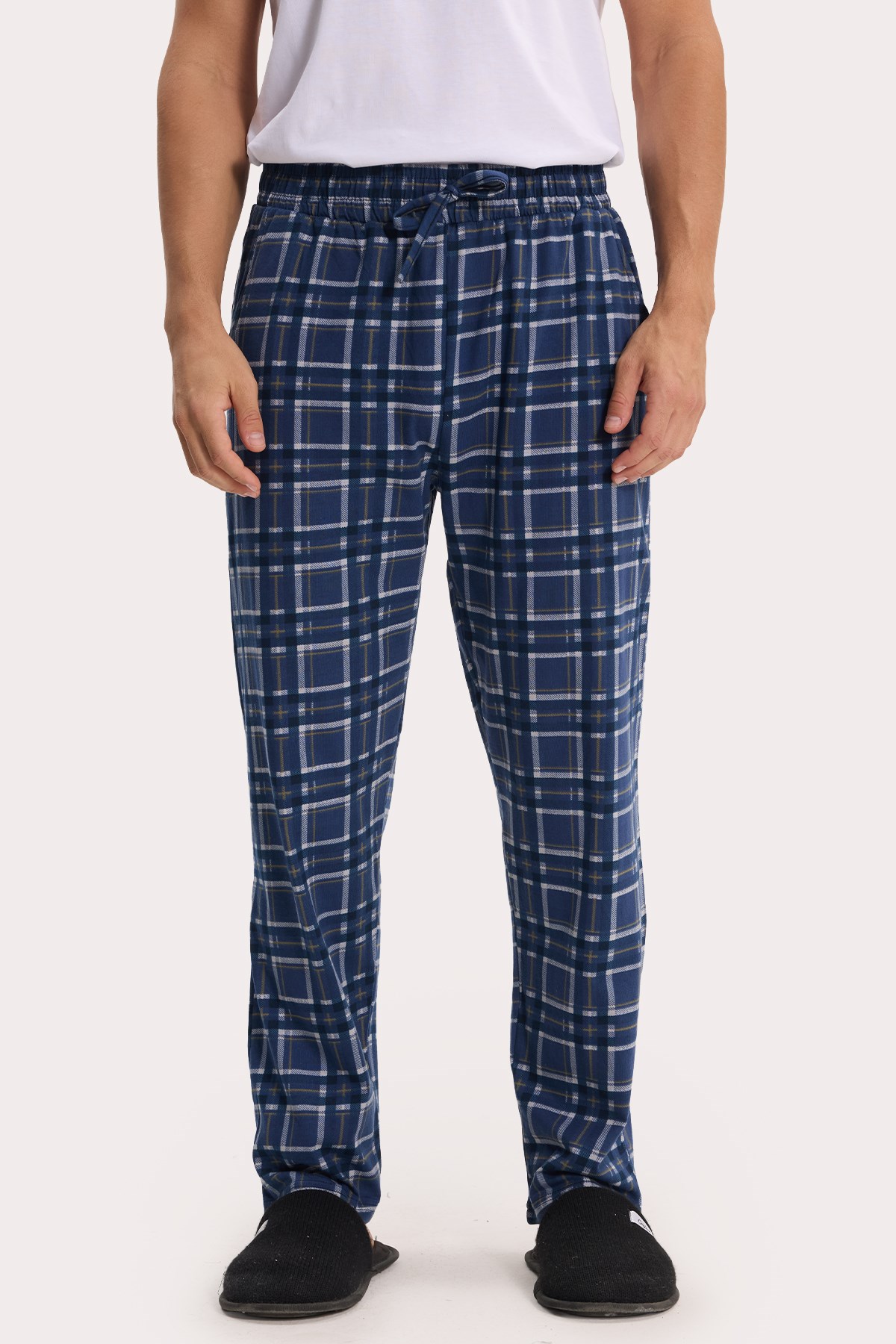 TUDORS Erkek Standart Fit Normal Kesim Pamuklu Kareli Beli Bağcıklı Cepli Lacivert Pijama Altı görsel 2