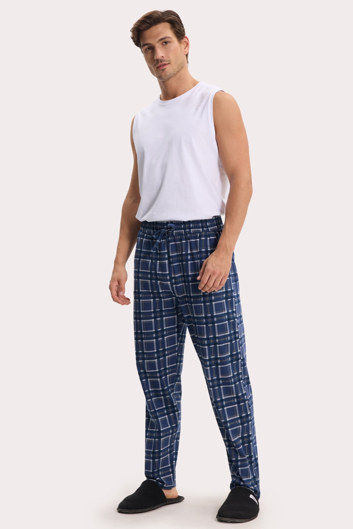 TUDORS Erkek Standart Fit Normal Kesim Pamuklu Kareli Beli Bağcıklı Cepli Lacivert Pijama Altı görsel 3