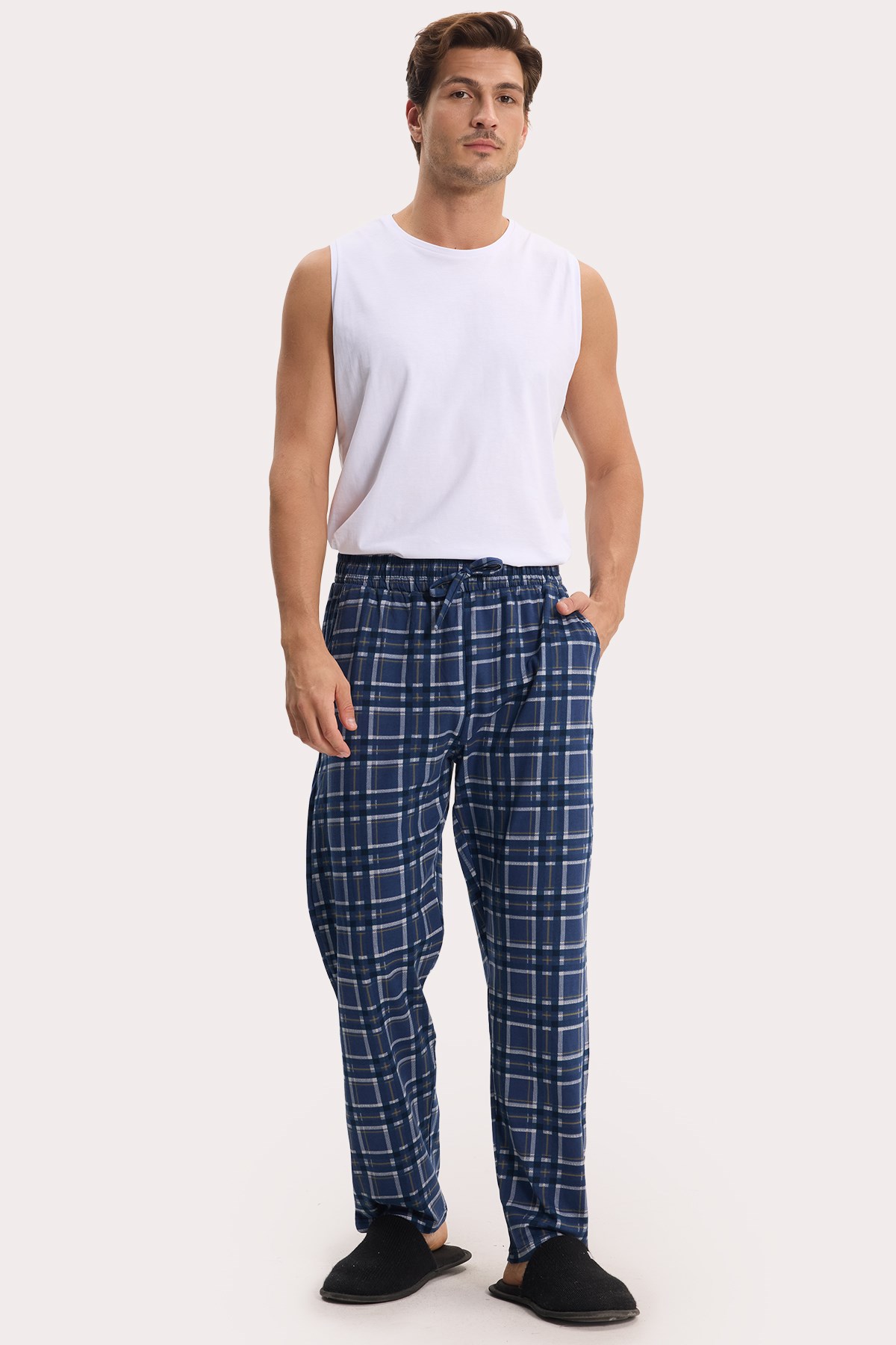 TUDORS Erkek Standart Fit Normal Kesim Pamuklu Kareli Beli Bağcıklı Cepli Lacivert Pijama Altı görsel 7