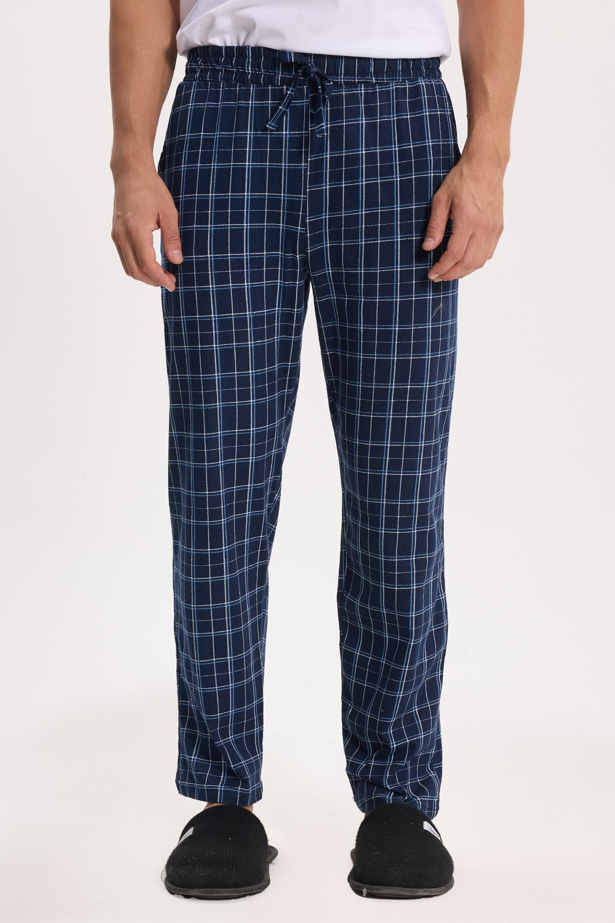 TUDORS Erkek Standart Fit Normal Kesim Pamuklu Kareli Beli Bağcıklı Cepli Lacivert Pijama Altı görsel 2