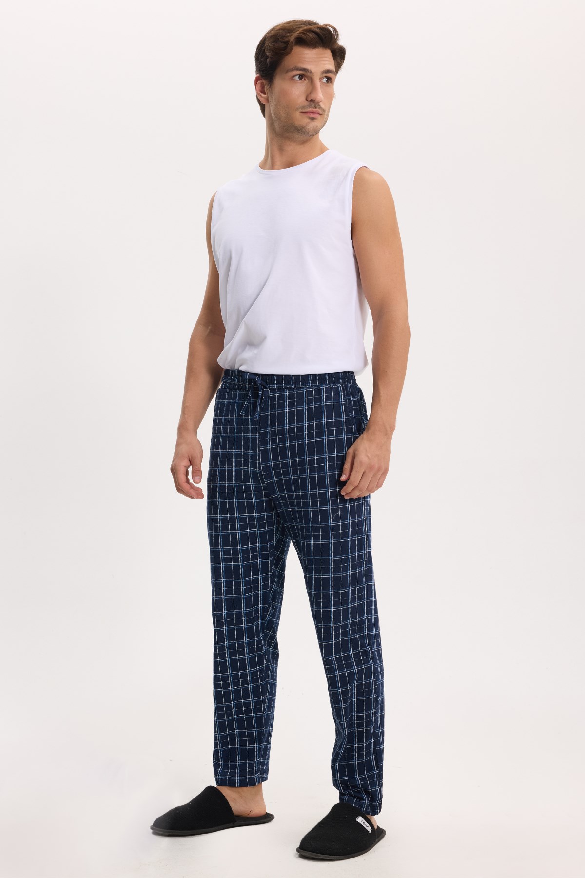 TUDORS Erkek Standart Fit Normal Kesim Pamuklu Kareli Beli Bağcıklı Cepli Lacivert Pijama Altı görsel 3