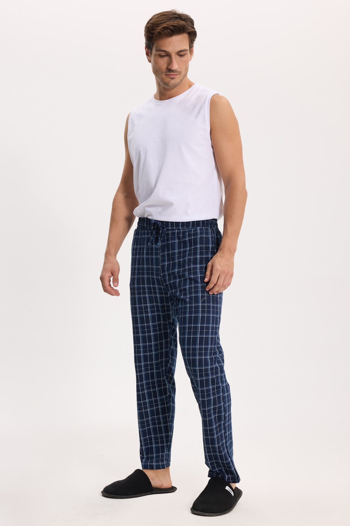 TUDORS Erkek Standart Fit Normal Kesim Pamuklu Kareli Beli Bağcıklı Cepli Lacivert Pijama Altı görsel 7