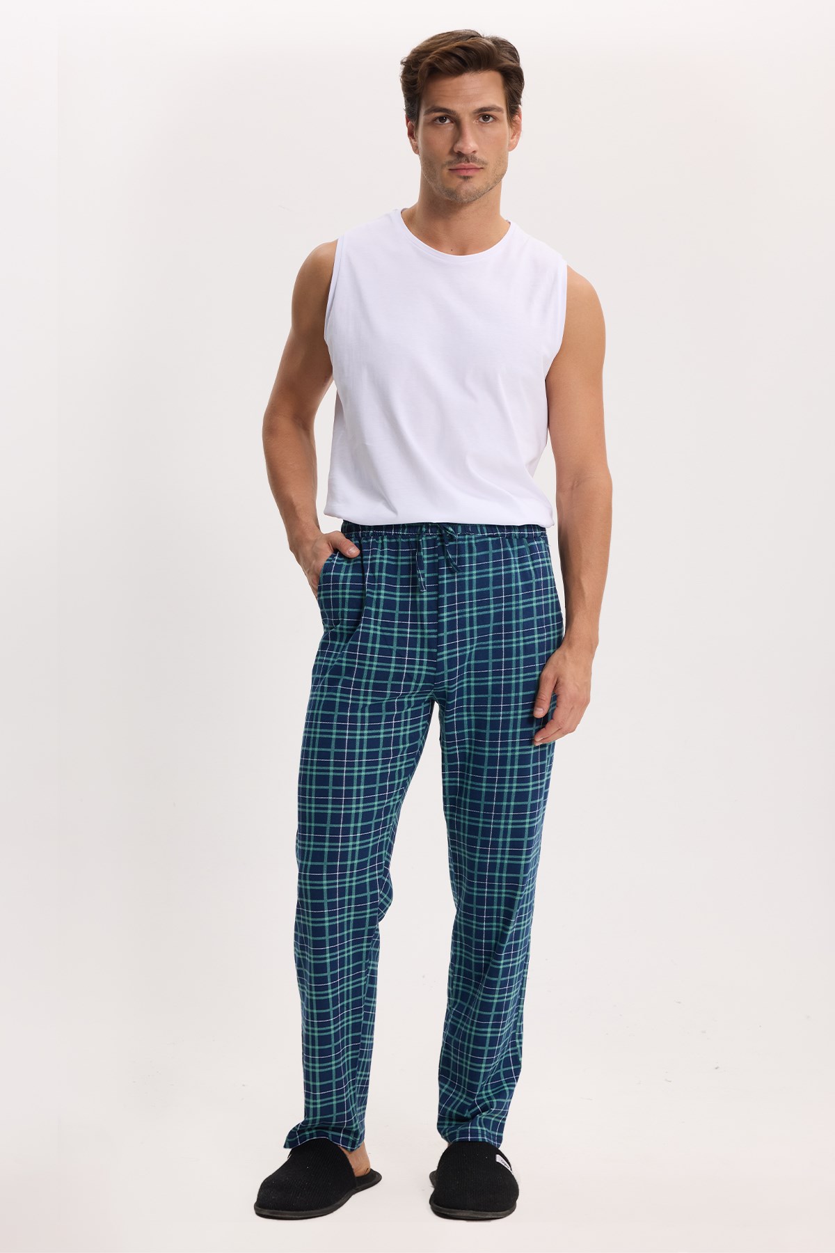 TUDORS Erkek Standart Fit Normal Kesim Pamuklu Kareli Beli Bağcıklı Cepli Lacivert Pijama Altı