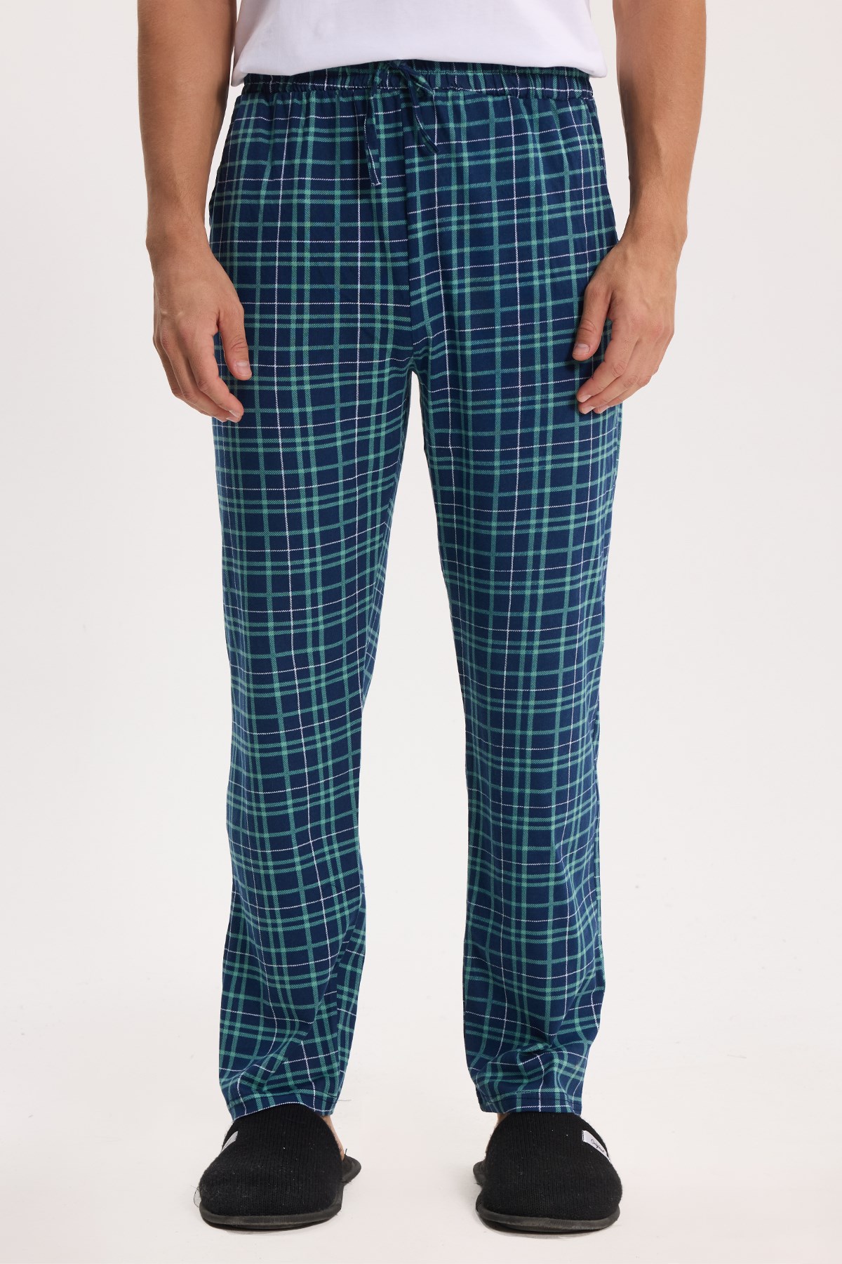 TUDORS Erkek Standart Fit Normal Kesim Pamuklu Kareli Beli Bağcıklı Cepli Lacivert Pijama Altı görsel 2