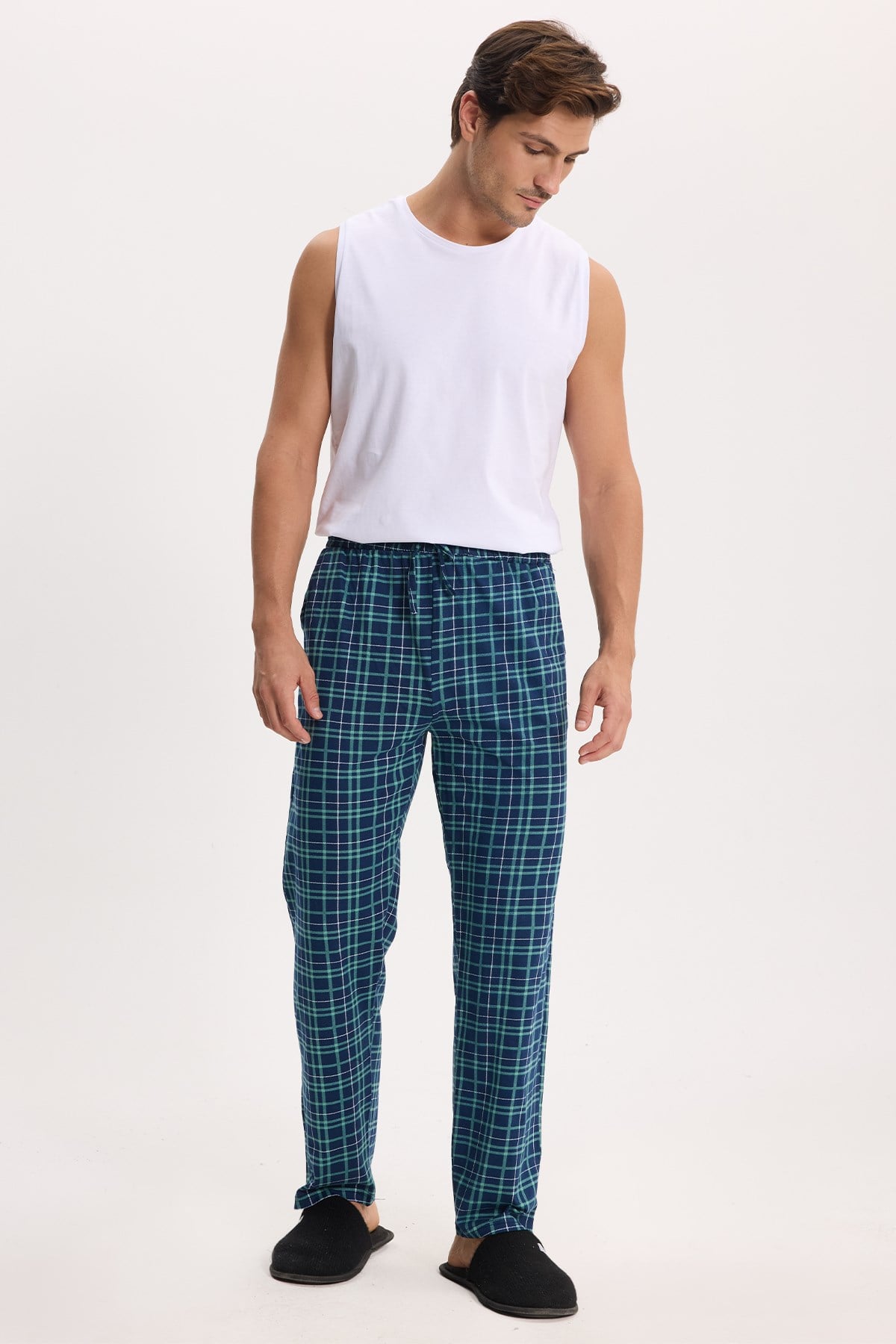 TUDORS Erkek Standart Fit Normal Kesim Pamuklu Kareli Beli Bağcıklı Cepli Lacivert Pijama Altı görsel 5
