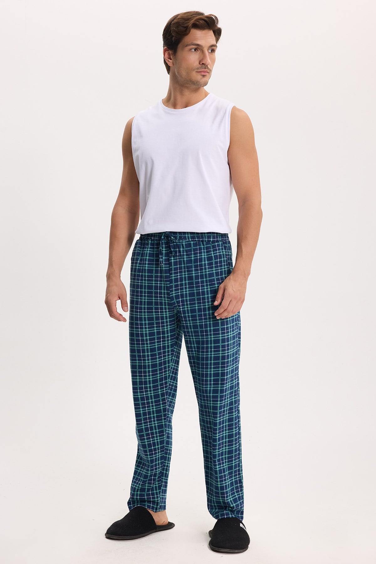 TUDORS Erkek Standart Fit Normal Kesim Pamuklu Kareli Beli Bağcıklı Cepli Lacivert Pijama Altı görsel 6