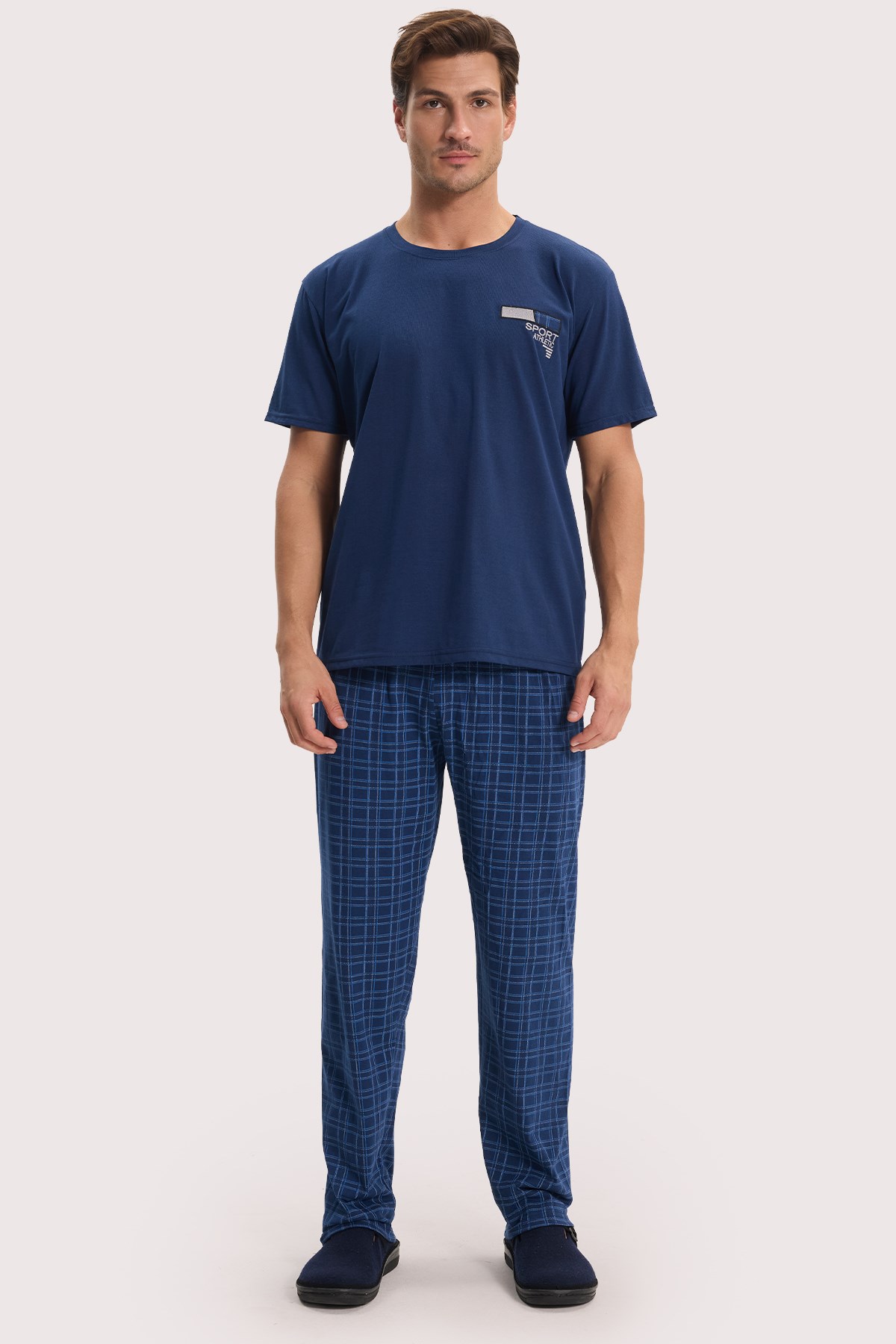 TUDORS Erkek Standart Fit Normal Kesim Pamuklu Bisiklet Yaka Kısa Kollu Lastikli Lacivert Pijama Takımı