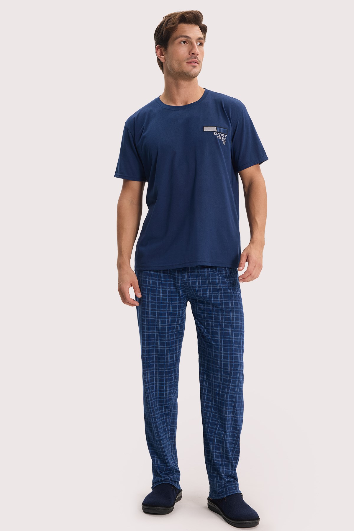 TUDORS Erkek Standart Fit Normal Kesim Pamuklu Bisiklet Yaka Kısa Kollu Lastikli Lacivert Pijama Takımı görsel 3