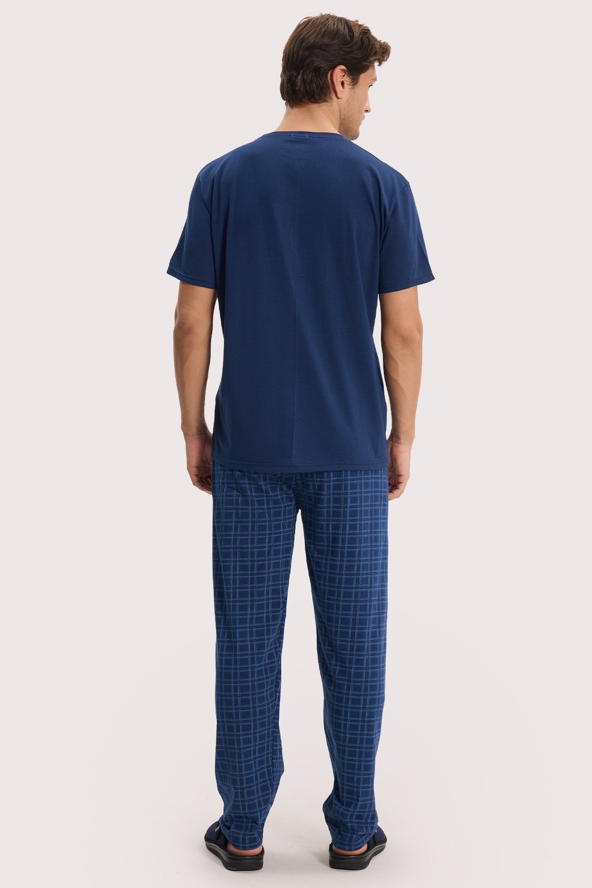 TUDORS Erkek Standart Fit Normal Kesim Pamuklu Bisiklet Yaka Kısa Kollu Lastikli Lacivert Pijama Takımı görsel 6