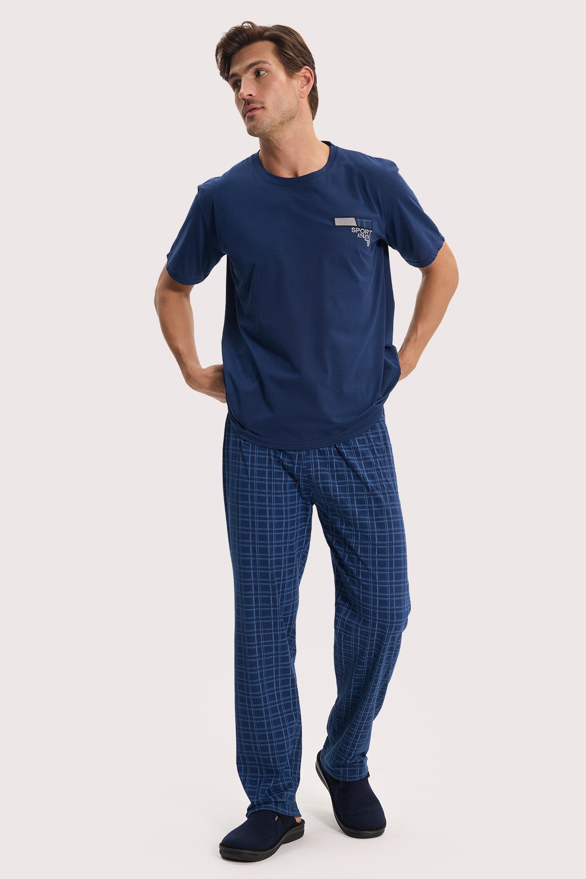 TUDORS Erkek Standart Fit Normal Kesim Pamuklu Bisiklet Yaka Kısa Kollu Lastikli Lacivert Pijama Takımı görsel 7