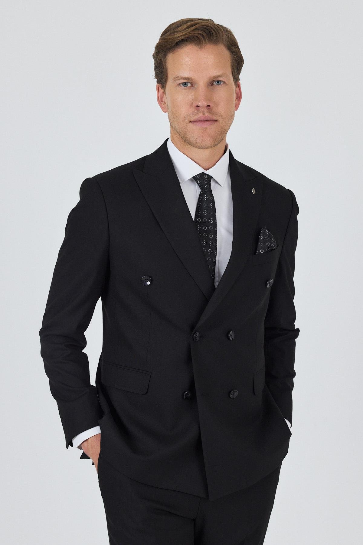 İMZA Siyah Kılıç Yaka Düz Kruvaze Classic Esnek Slim Fit Takım Elbise 1001250172