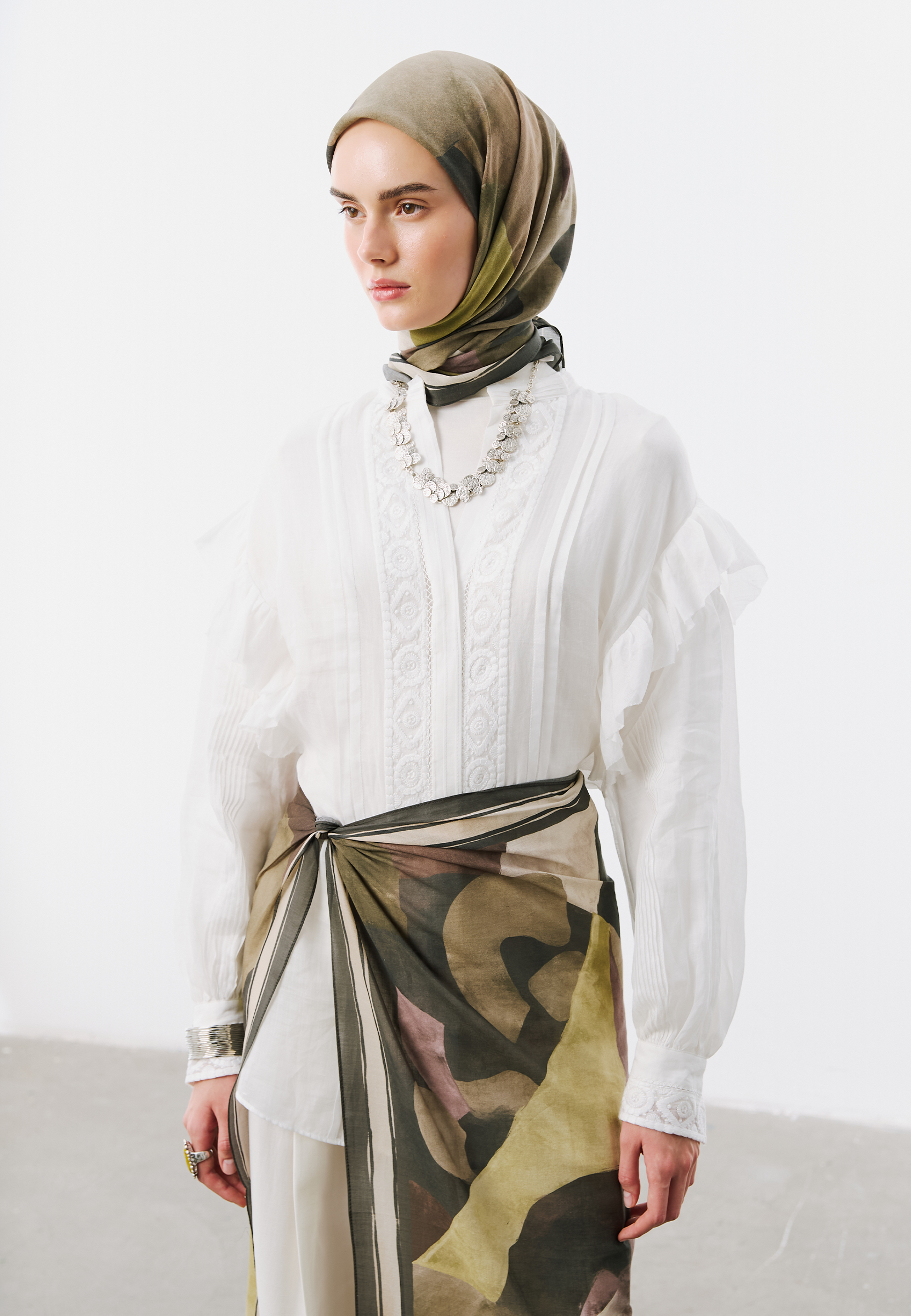 Fresh Scarfs Modern Blocks Desen Vual Eşarp Küllü Haki
