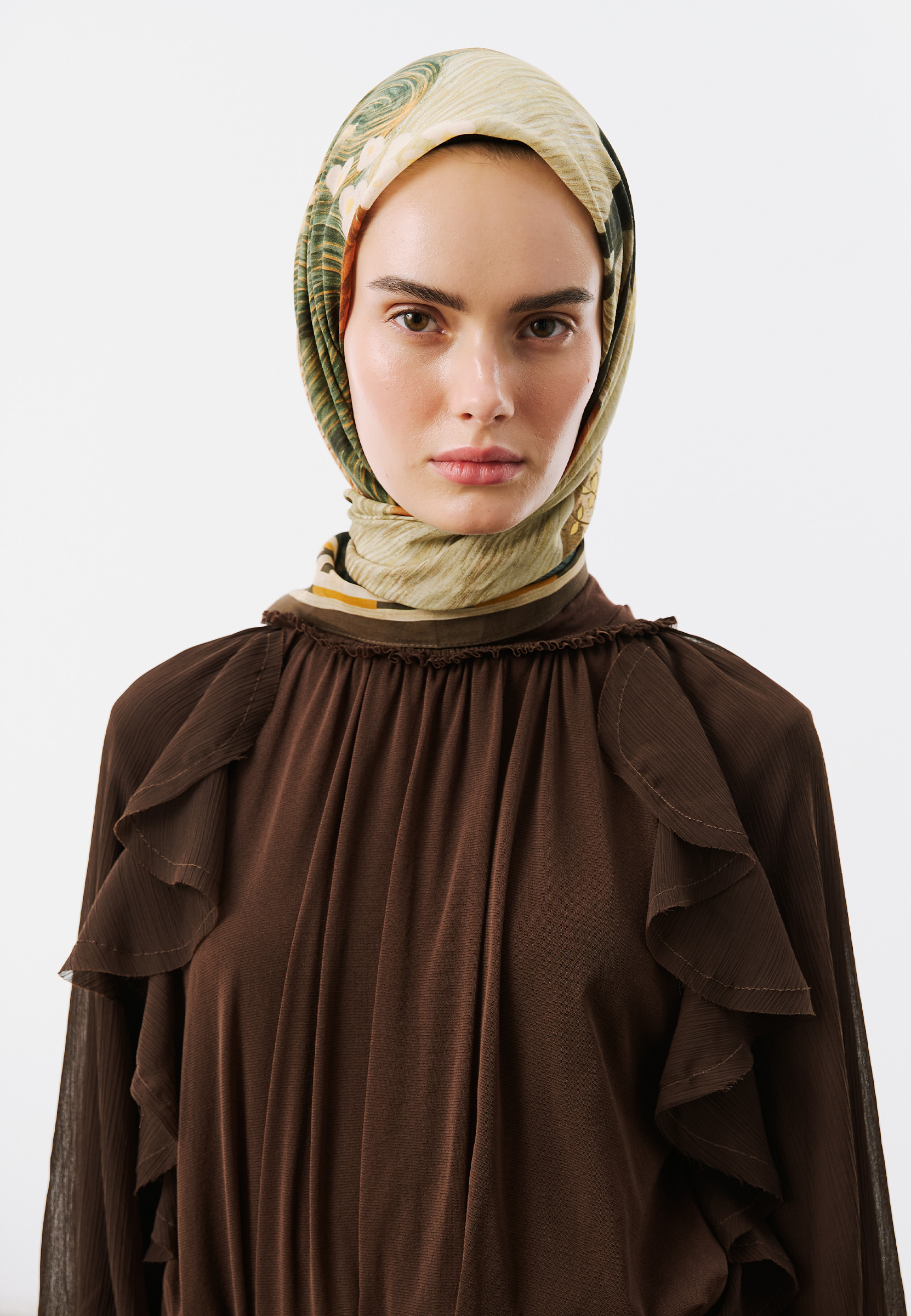 Fresh Scarfs Deep Forest Desen Vual Eşarp Kahve görsel 3