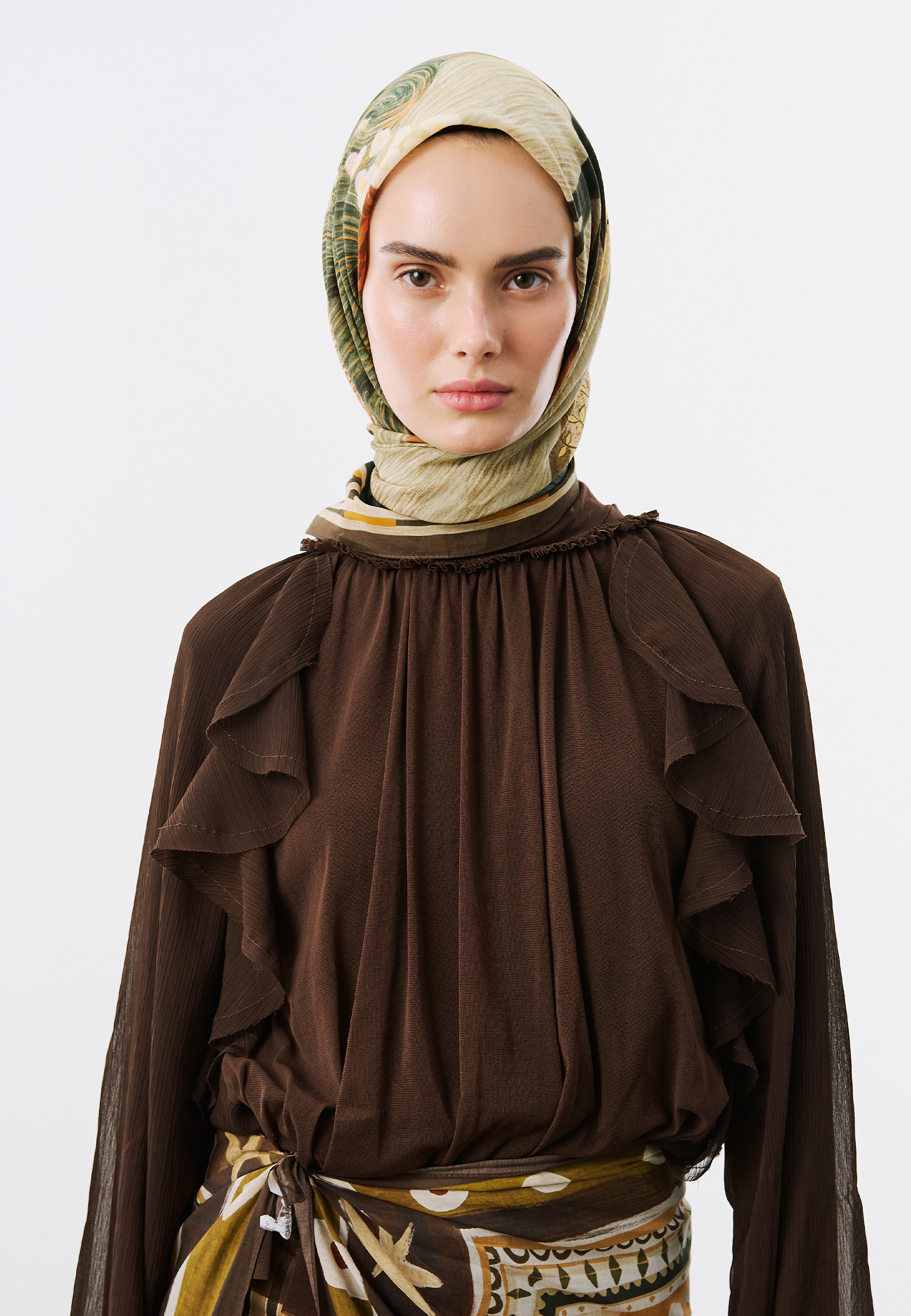 Fresh Scarfs Deep Forest Desen Vual Eşarp Kahve görsel 4