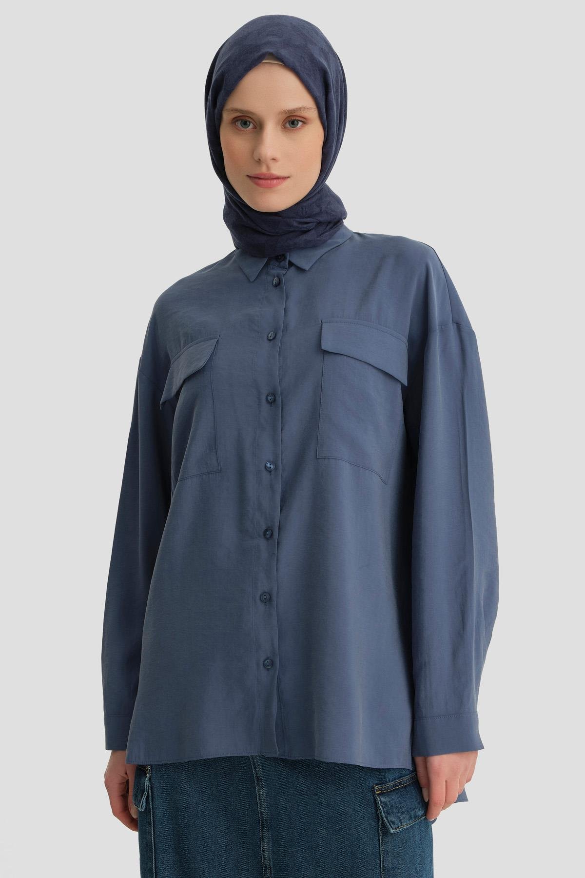 ARMİNE Cep Kapaklı Oversize Gömlek Ort3635 İndigo görsel 2