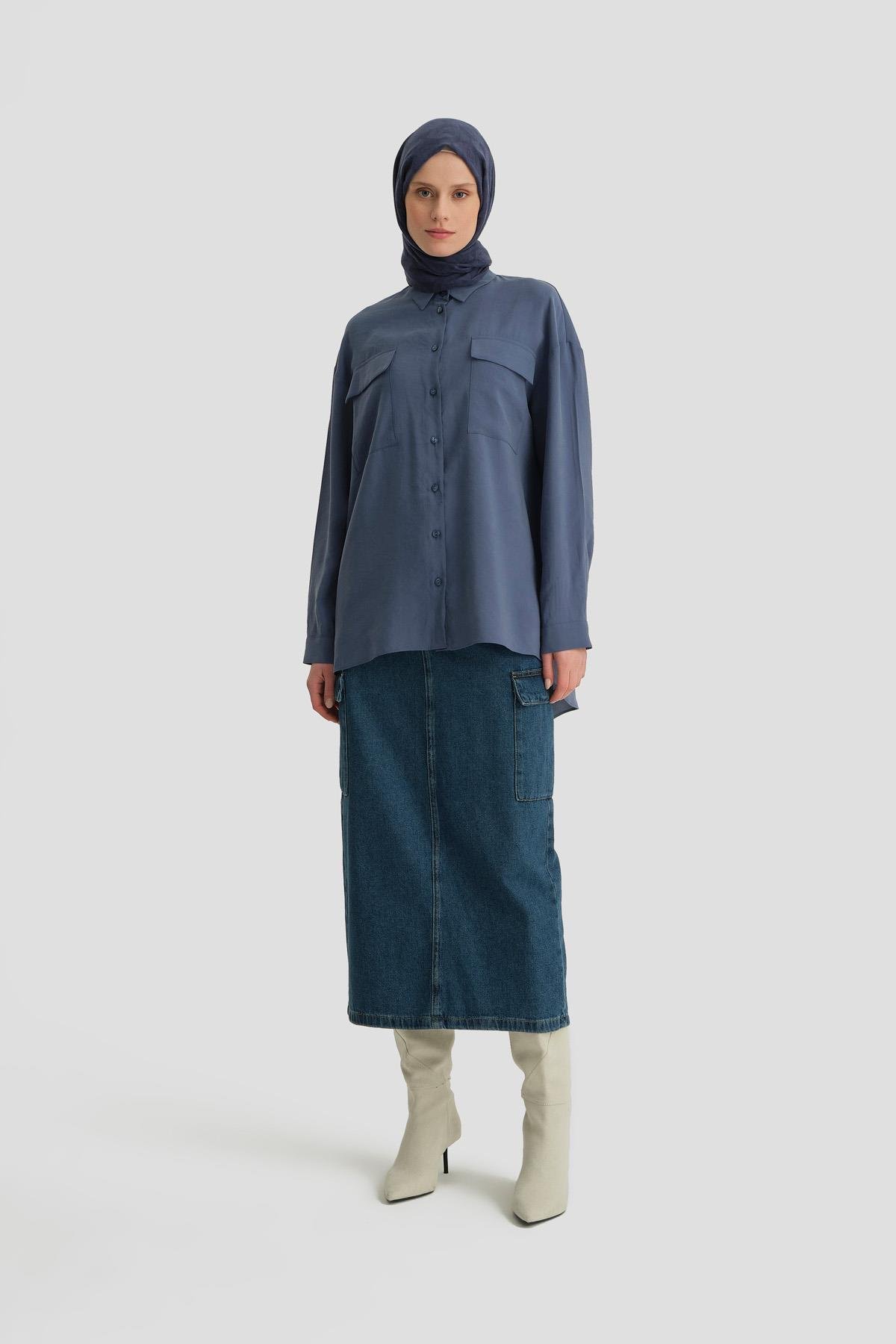 ARMİNE Cep Kapaklı Oversize Gömlek Ort3635 İndigo görsel 3