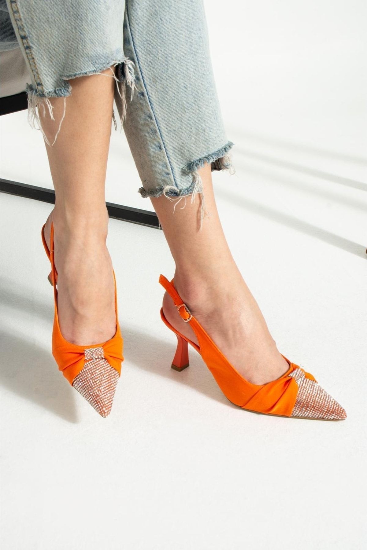 DUXAL SHOES Siyah Saten Önü Taşlı Kadın Topuklu Ayakkabı