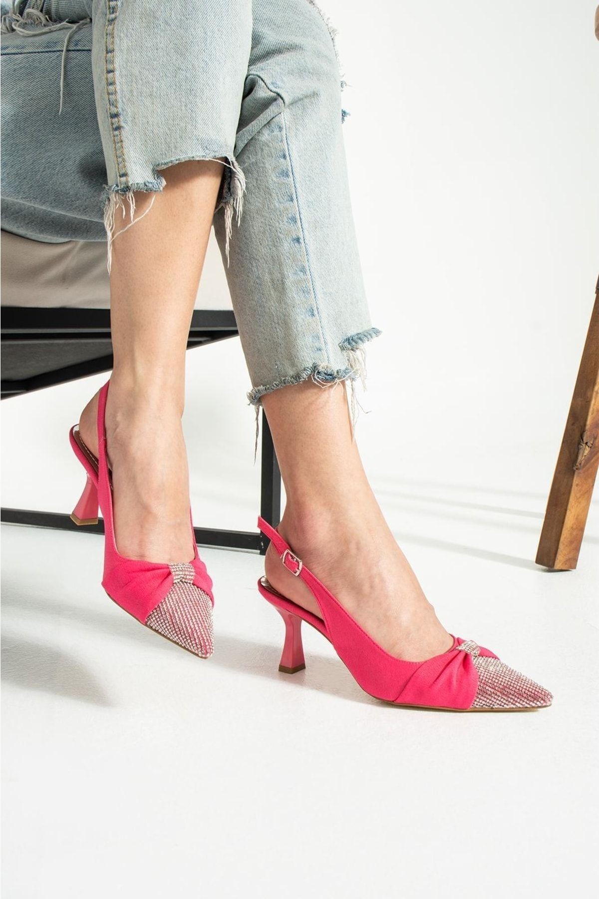 DUXAL SHOES Siyah Saten Önü Taşlı Kadın Topuklu Ayakkabı