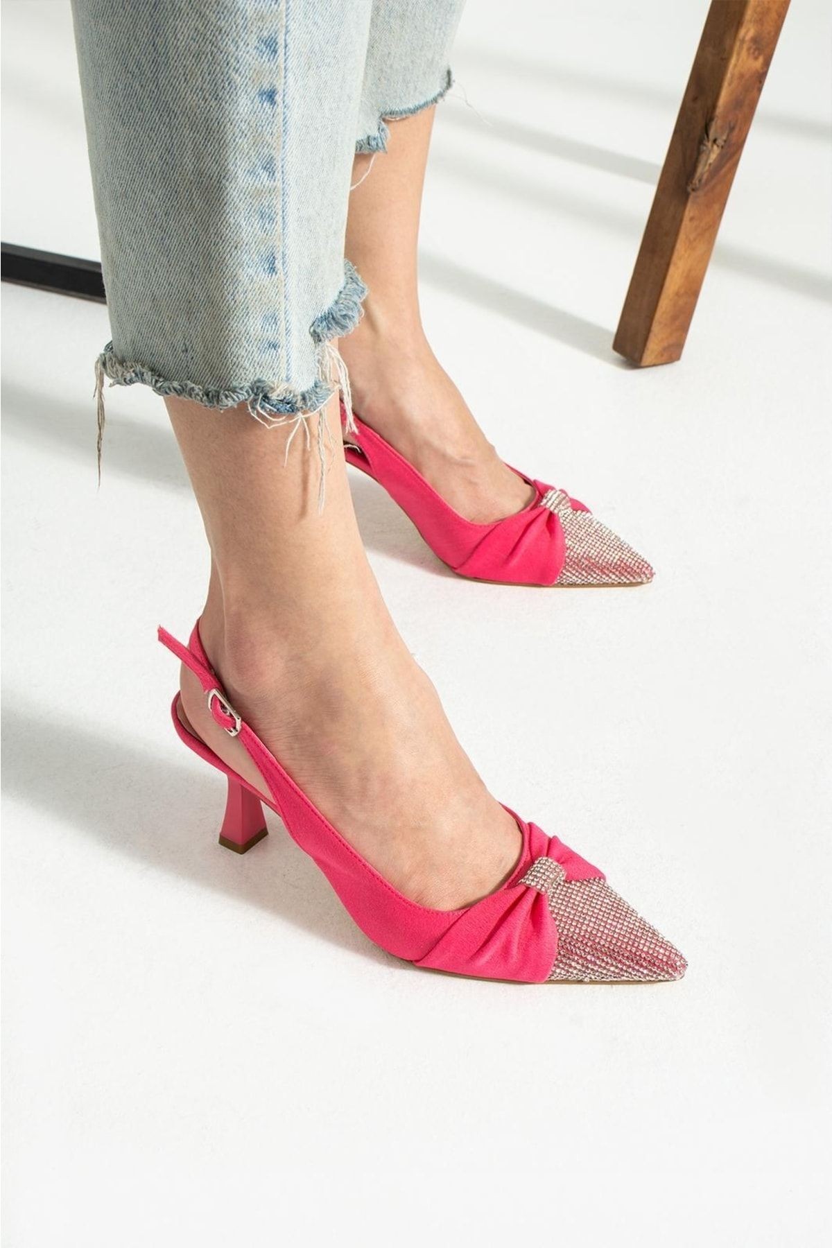 DUXAL SHOES Siyah Saten Önü Taşlı Kadın Topuklu Ayakkabı görsel 4