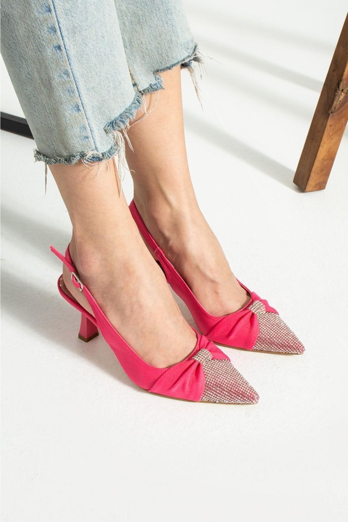 DUXAL SHOES Siyah Saten Önü Taşlı Kadın Topuklu Ayakkabı görsel 5